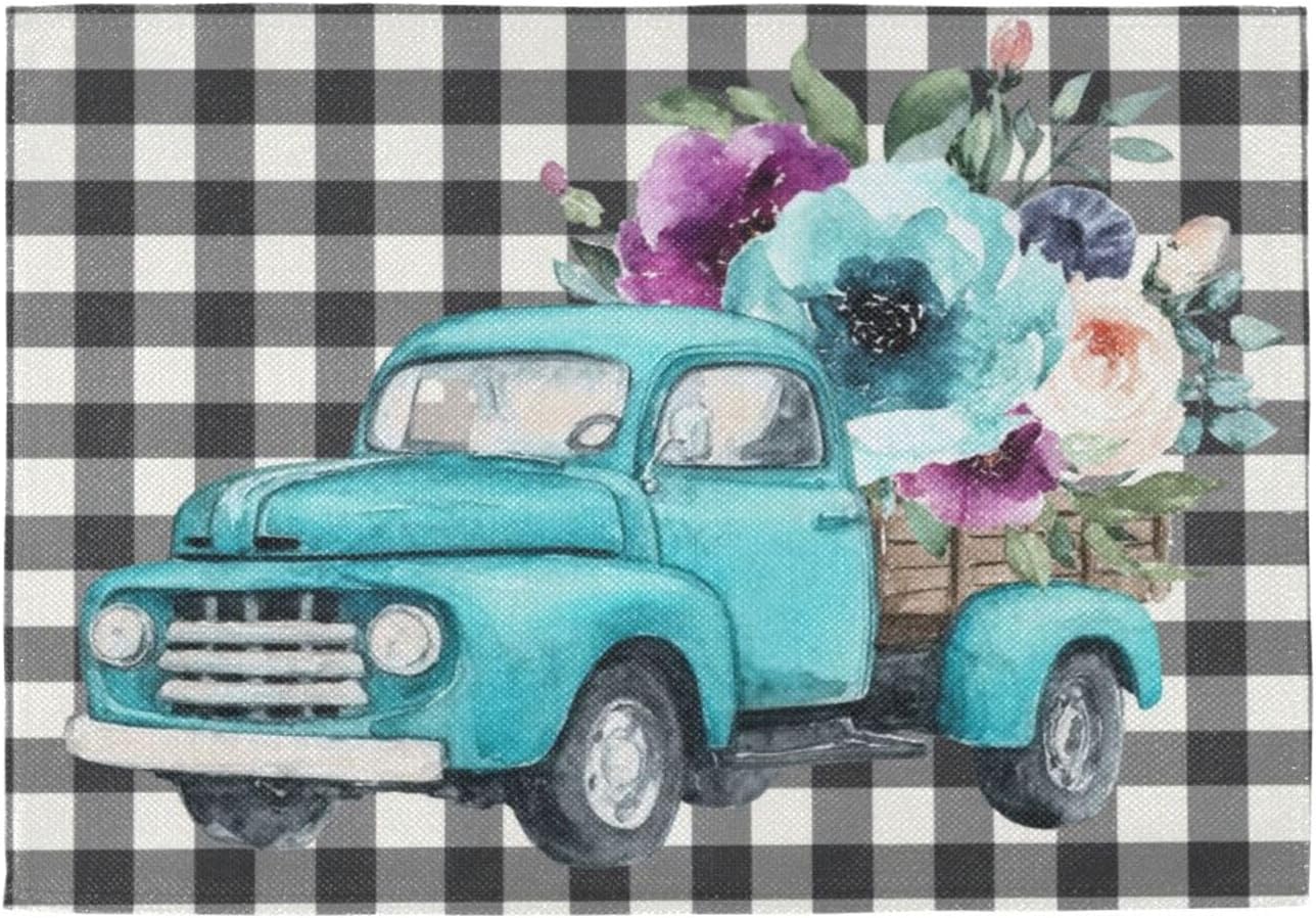 Plaid Turquoise Truck Placemats Set of 6 Buffalo Check Black White 12 x 18 in Washable Heat-Resistant Table Place Mats for Kitchen Dining Table Home Decoration