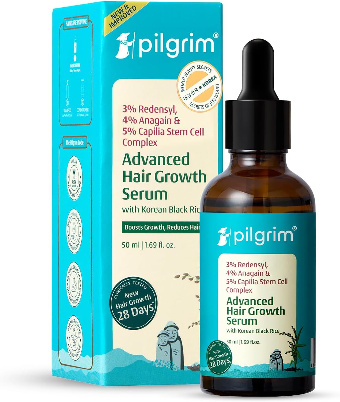 Pilgrim Redensyl 3% + Anagain 4% + Baicapil Advanced Hair Growth Serum (50ml) for Scalp with Korean Black Rice, Saw Palmetto | Control Hair Fall, Stimulate Hair Regrowth, Hair (50ml)