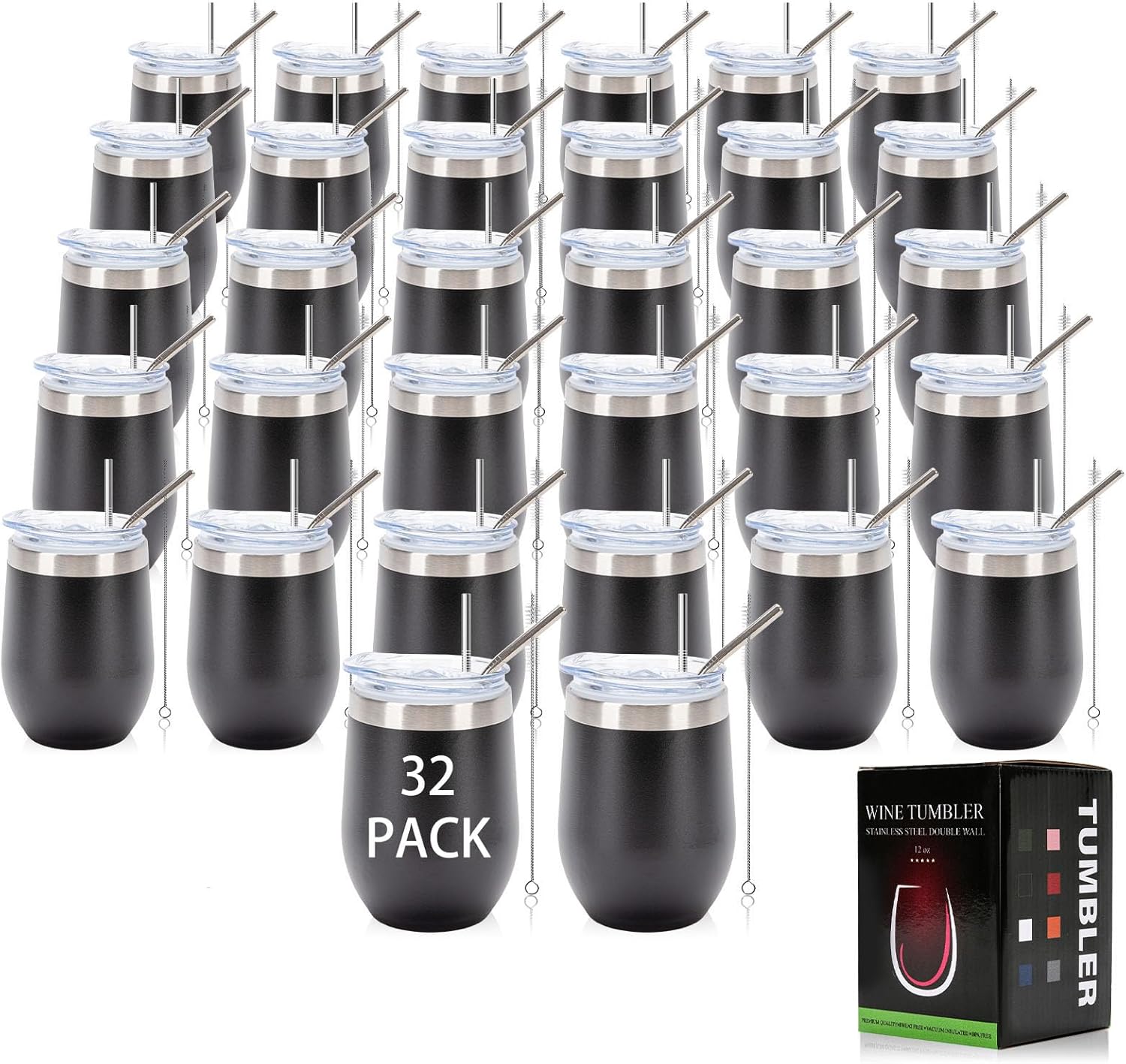 IEOVIEE 32 Pack 12oz Stainless Steel Bulk Wine Tumblers with Lids and Straws, Vacuum Insulated Double Wall Travel Coffee&Beer Mugs, Powder Coated Tumbler Bulk Cup for Cold and Hot Drinks(Black)
