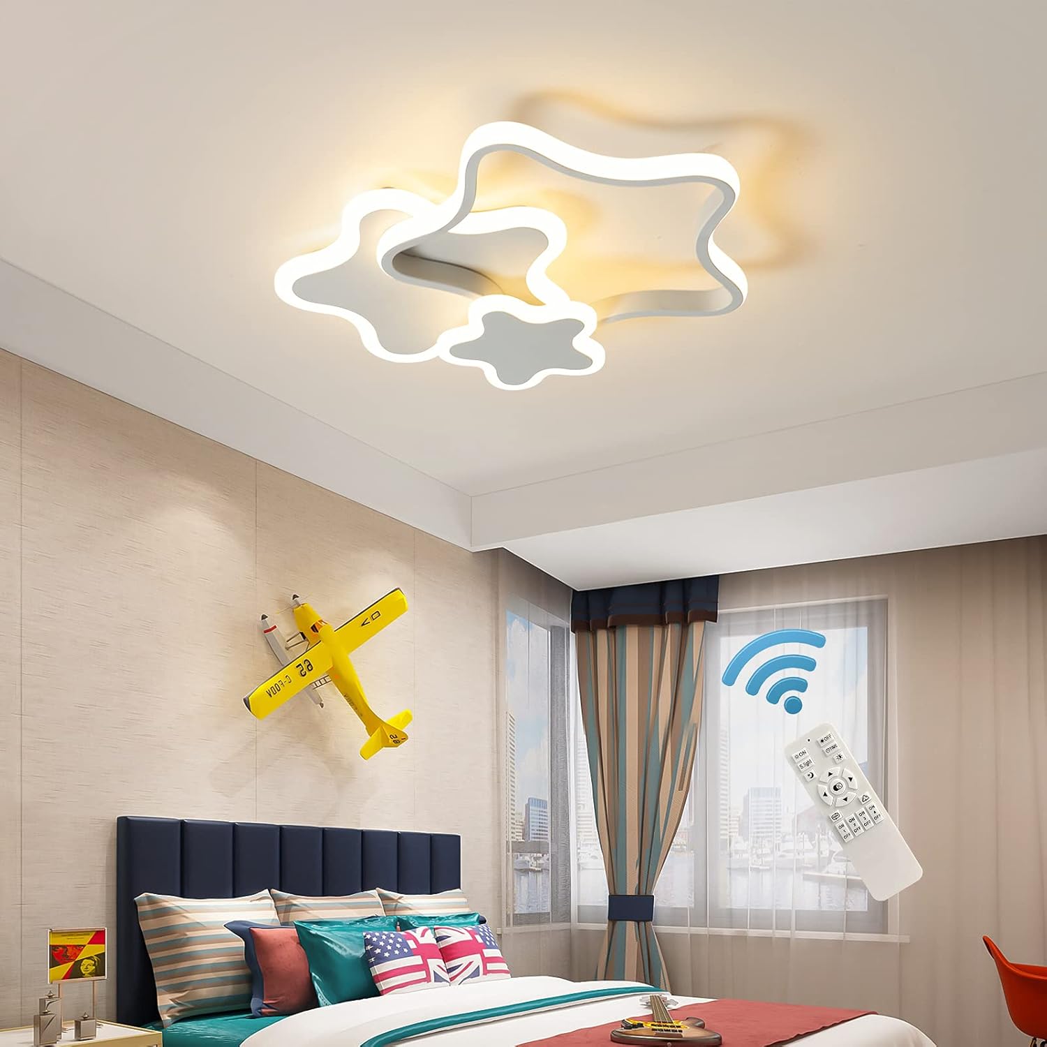 Tioolo Dimmable LED Ceiling Light, Creative Cartoon Star Ceiling Lamp, Acrylic LED Chandelier with Remote, Modern Flush Mount Chandelier Lighting Fixture for Boys Girls Bedroom Living Room, 32W/White