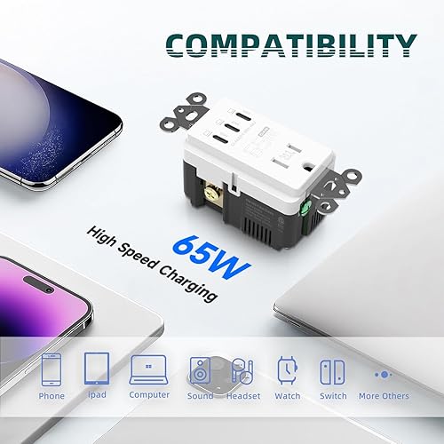 Miniatura 4 de TOPELER Toma de pared USB C, receptáculo USB de carga ultra rápida de 65 W, receptáculo resistente a manipulaciones de 15 amperios, cargador USB