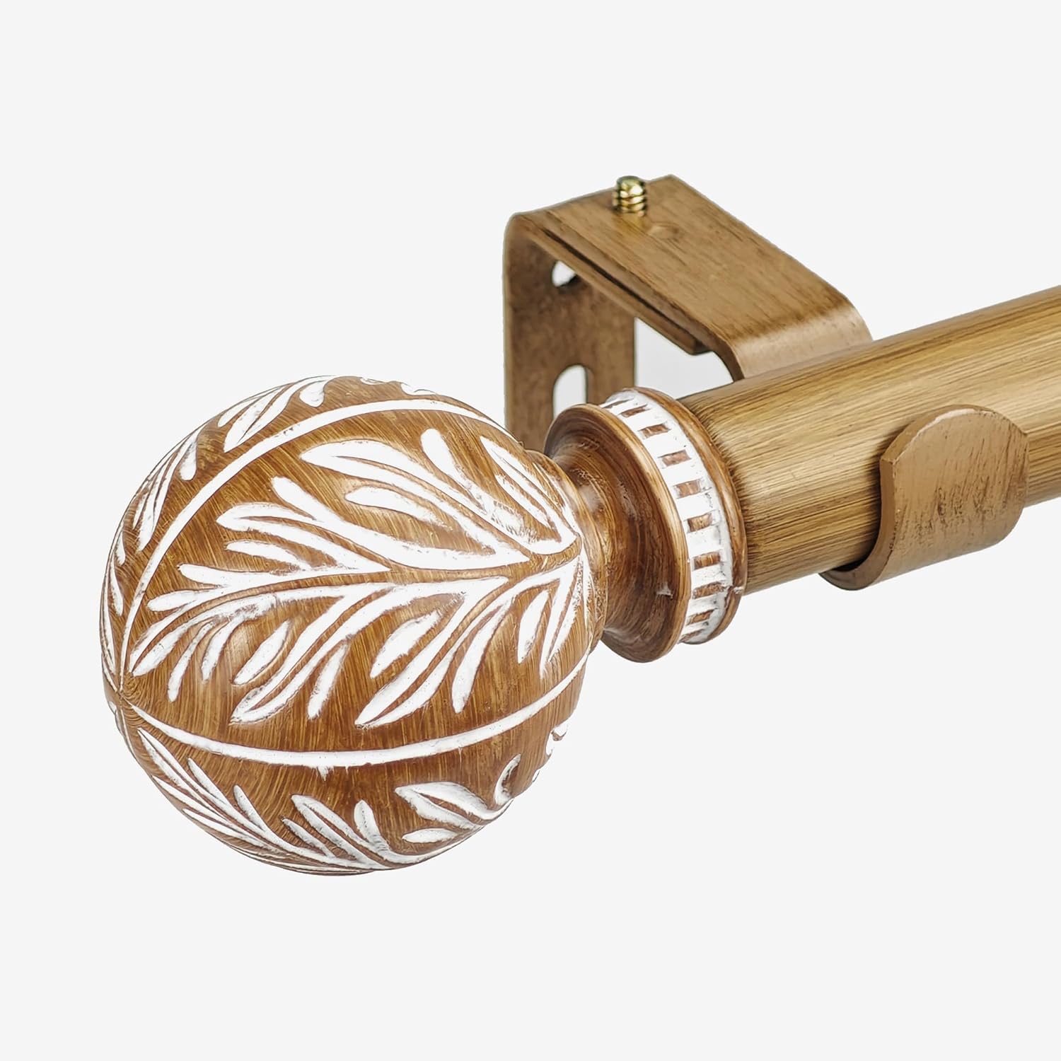 Faux Wood Style Curtain Rod Set with Wood Grain Leaf Finial, 36-72 inch, Standard Single Drapery Rod for 1 Pack, 1 inch diameter Rod, Adjustable Length