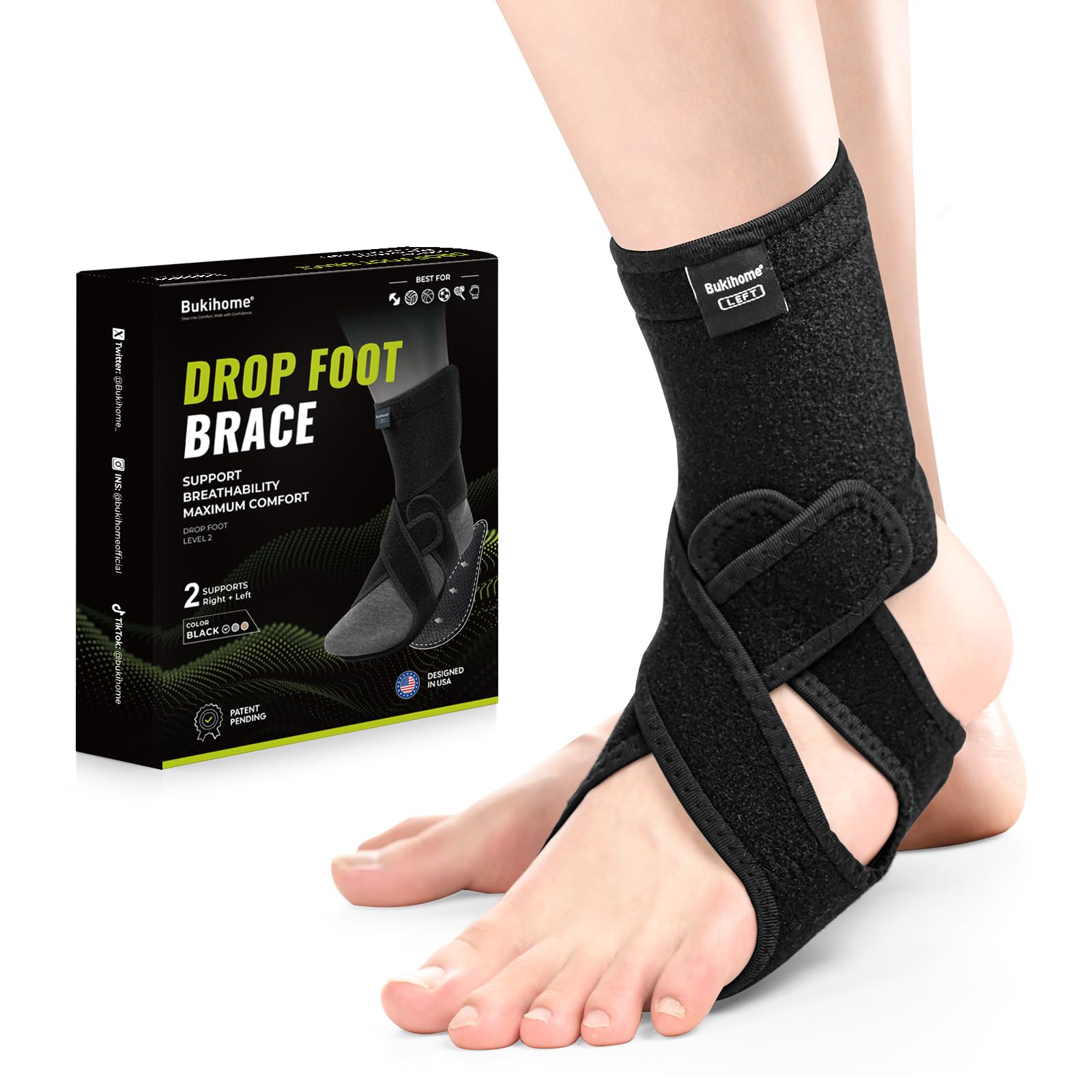 Bukihome AFO Orthèse de pied réglable pour marcher avec des chaussures, des chaussettes ou pieds nus - Soulage la chute du pied, la fasciite plantaire, les accidents vasculaires cérébraux et la