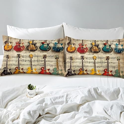 Miniatura 5 de Juego de sábana bajera ajustable para niños con diseño de guitarra eléctrica, estilo retro, diseño de notas musicales, decoración de habitación de