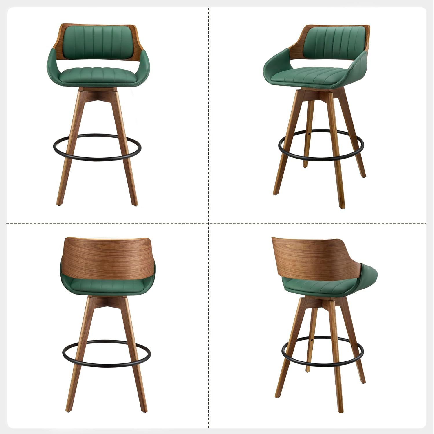 VipDesk 26" Bar Stools Set of 2, PU Leather Counter Height Bar Chairs with Back, Modern Mid-Century Swivel Barstools for Kitchen Island, Dining Room, Home Bar and Lounge, Green