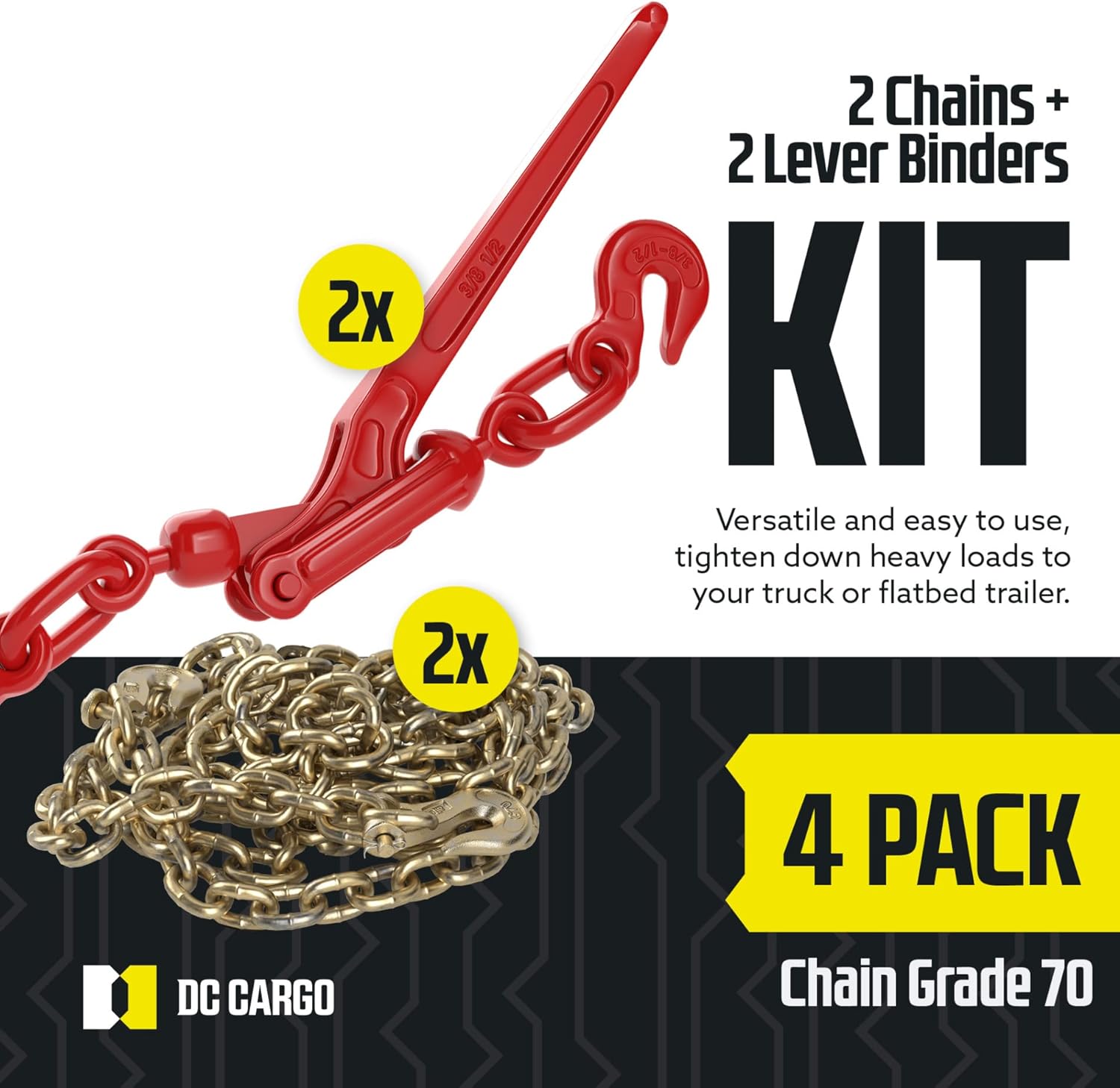 DC Cargo Chain Binder Kit (2 Sets) | 3/8" Grade 70 Extra Long 20 Foot Chain - and Load Binder Set | Heavy Duty Ratcheting Chain and Binder | Load Chain and Binders – 6,600lb Working Load Limit As Set