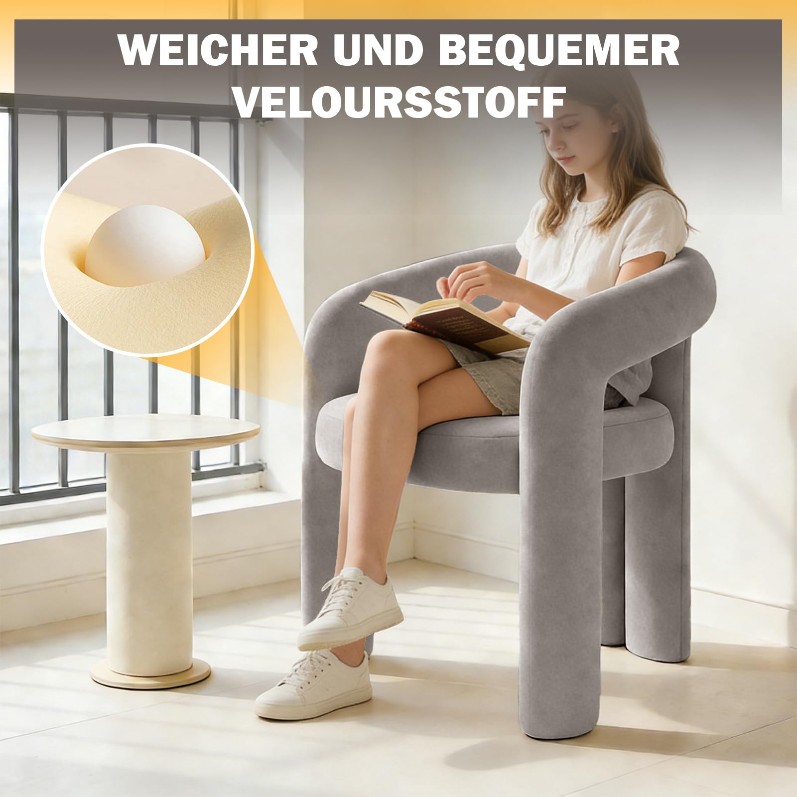 Schminkstuhl aus weichem Plüsch-Samt, Moderner Polsterstuhl mit geschwungener Rückenlehne, Gepolsterter Lounge-Sessel für Schlafzimmer, Wohnzimmer & Schminktisch, 47 × 61 × 78 cm, Grau (Grau)