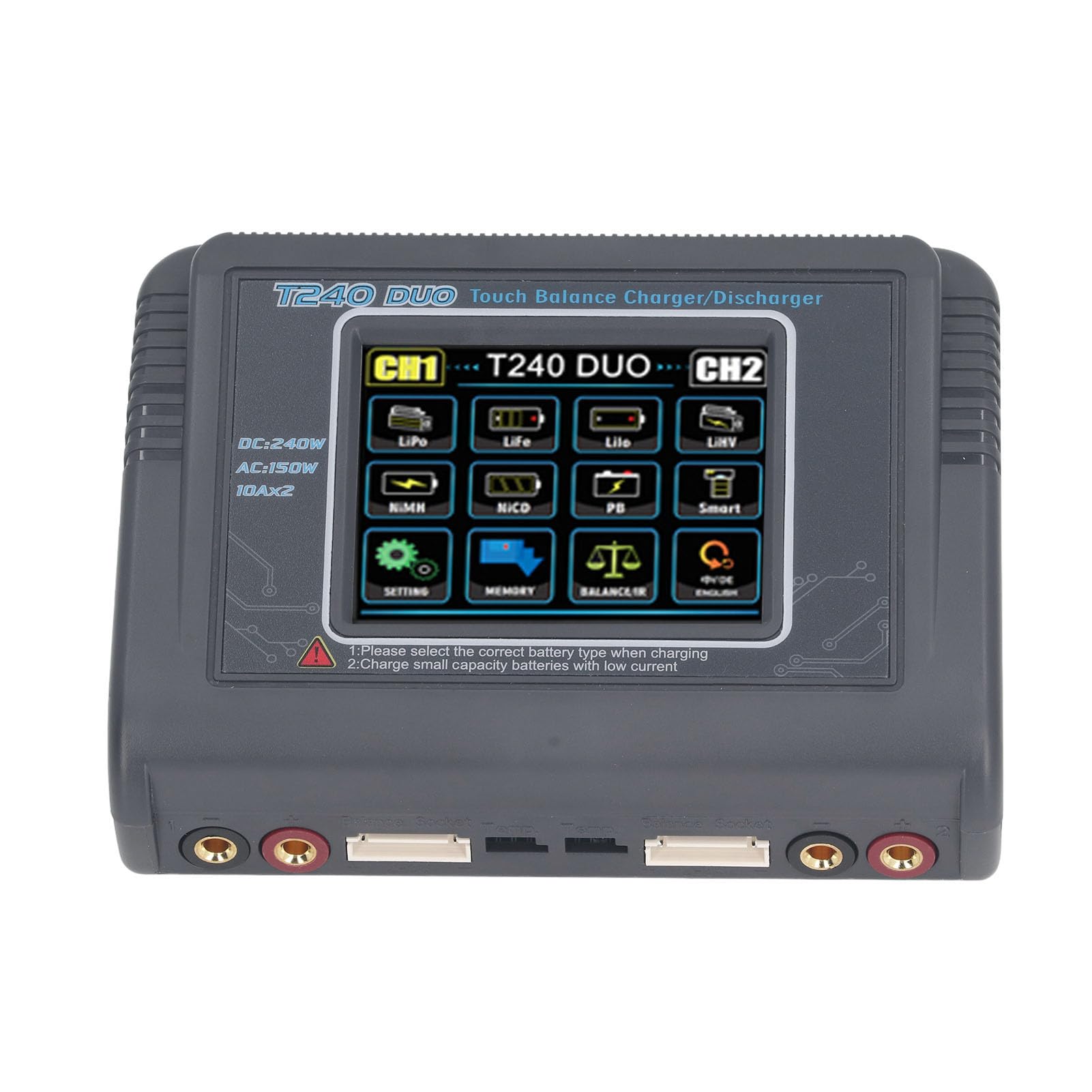 CHICIRIS Chargeur de Batterie LiPo, Double Chargeur de Batterie de Voiture RC 10 A, à équilibre Rapide avec Ventilateur de Refroidissement à écran Tactile, pour LiPo LiHV (Prise UE)