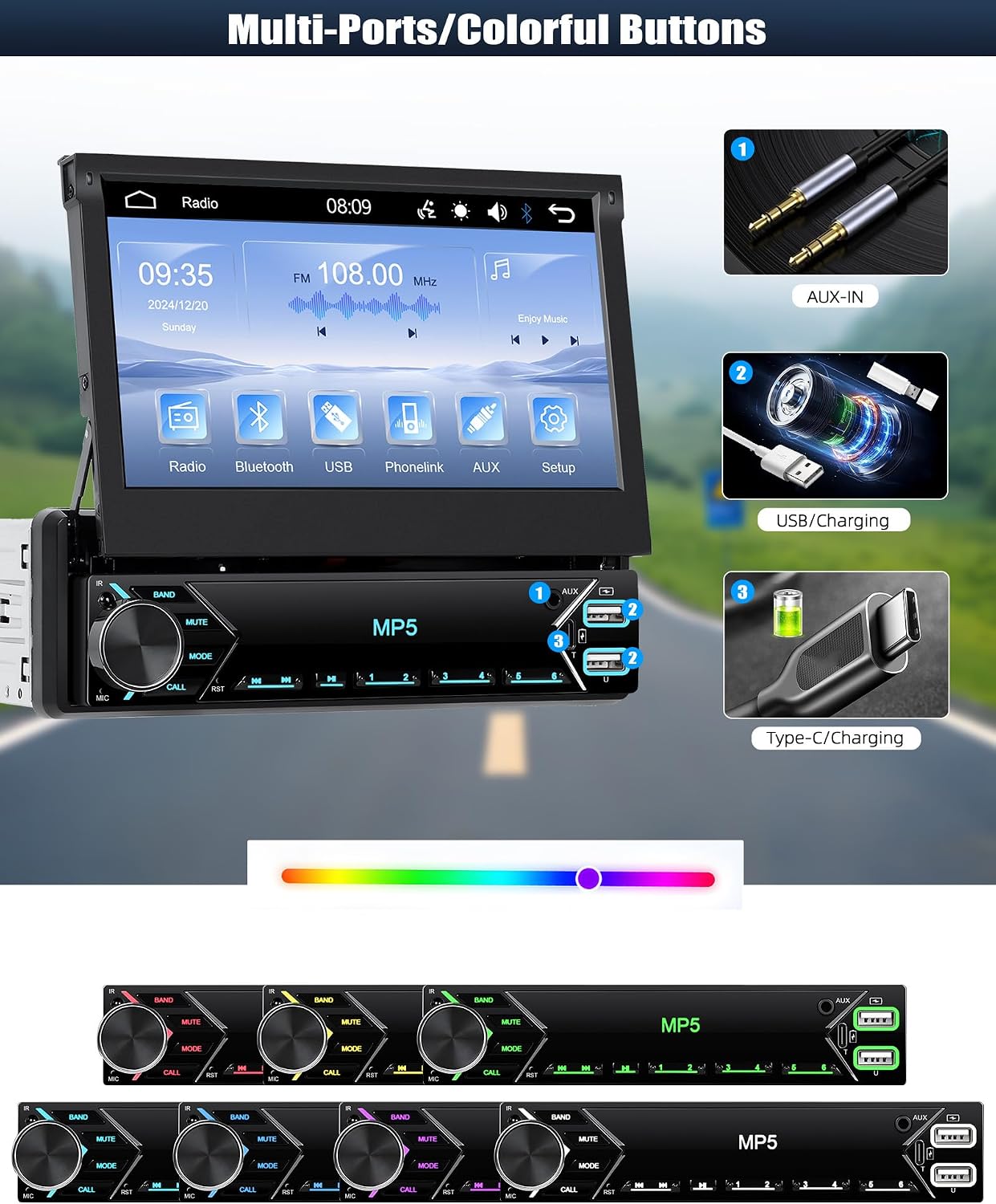 Car radio with USB and Type-C ports, showing a smartphone charging and a USB drive connected.