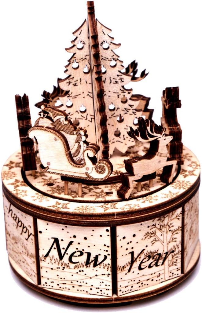 Wood Trick Music Box Santa’s Carousel Model Kit - Carol of The Bells Beautiful Melody - Very Sturdy and Ecological - 6x4″ - Rotating - 3D Wooden Puzzle