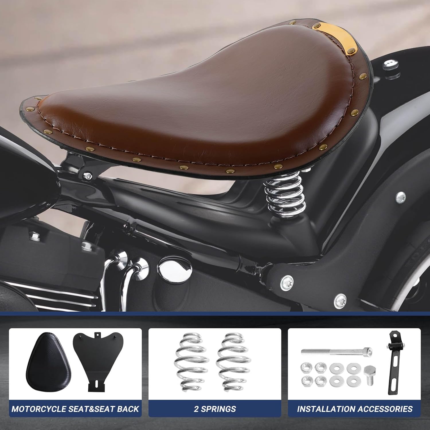 Leather Motorcycle Solo Seat with Seat Base Spring Mounting Bracket Kit Compatible with Harley Davidson Harley Sportster XL 883 1200(Brown)