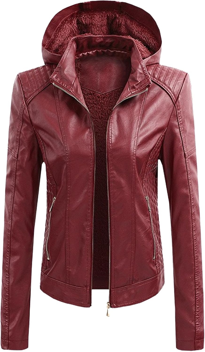 Women's Removable Hooded Solid Coat Zip Up Faux Leather Coat Jacket Slim Fit Motorcycle Casual Outerwear