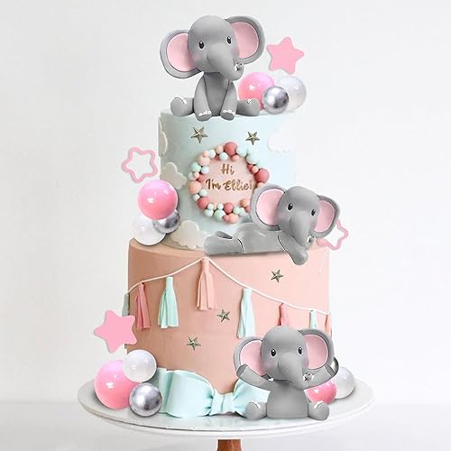 Miniatura 6 de DRWATE 32 piezas de decoración de pastel de elefante con mini elefante, bolas de perlas azules y blancas para baby shower, niña, tema de elefante,