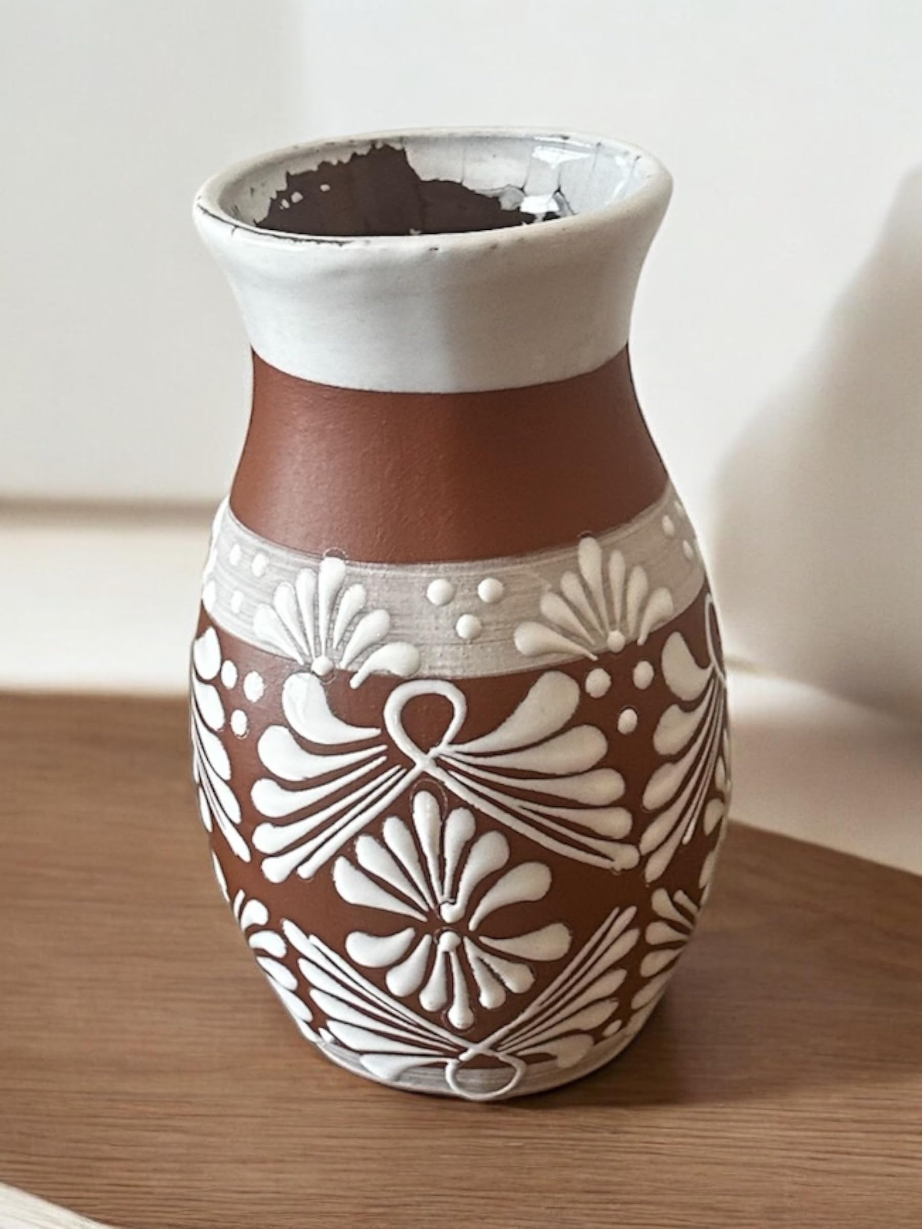 Clay Terracotta Vase - 10” High, 4.5” Mouth, 6” Wide Midsection, White Ceramic Detail, Handcrafted in Mexico