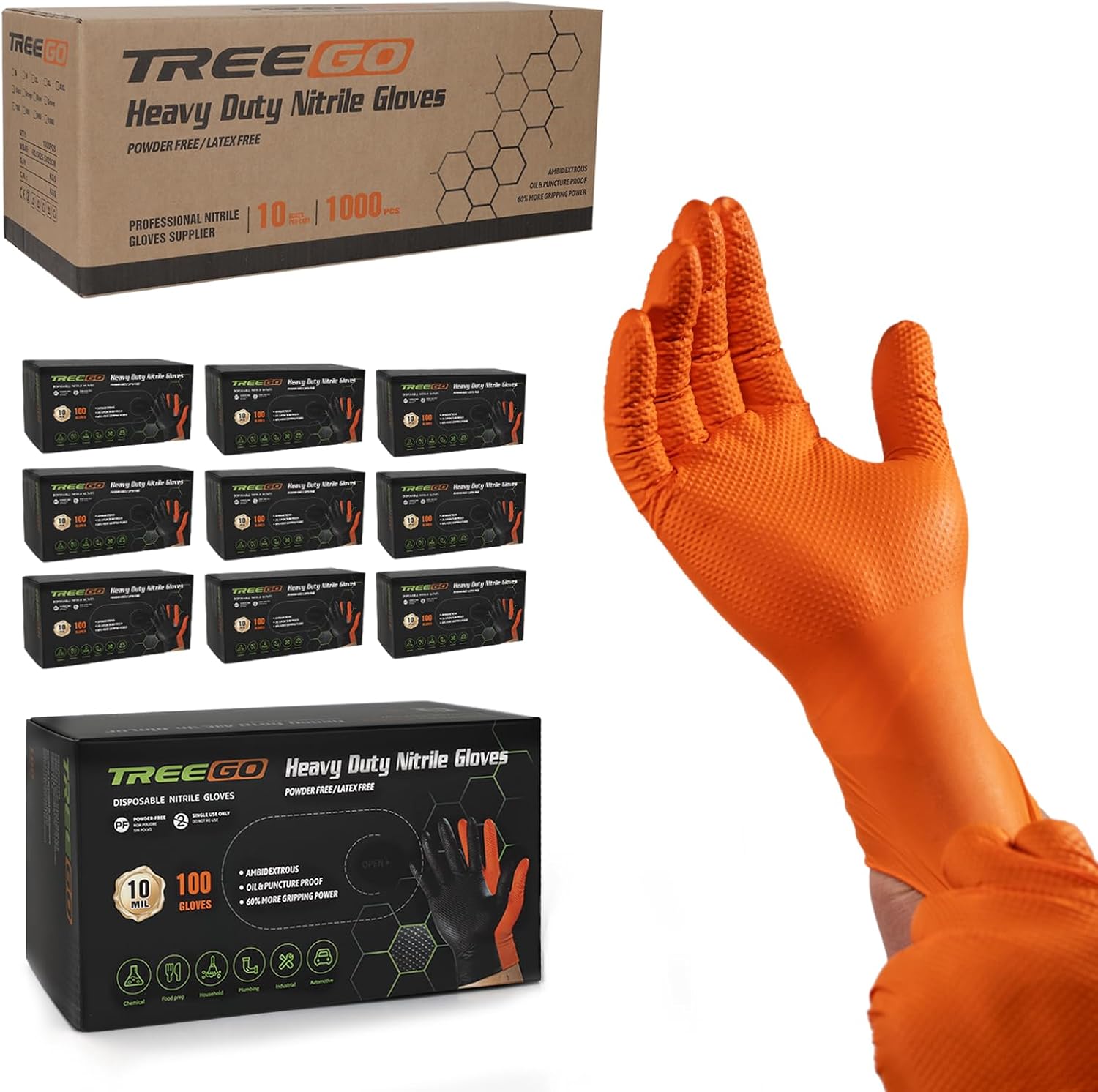 TREEGO Orange Nitrile Gloves 10 Mil Heavy Duty Disposable Latex Free Gloves – Extra Thick Diamond Grip Mechanic Gloves for Heavy Work, XL, 1000 Count Case