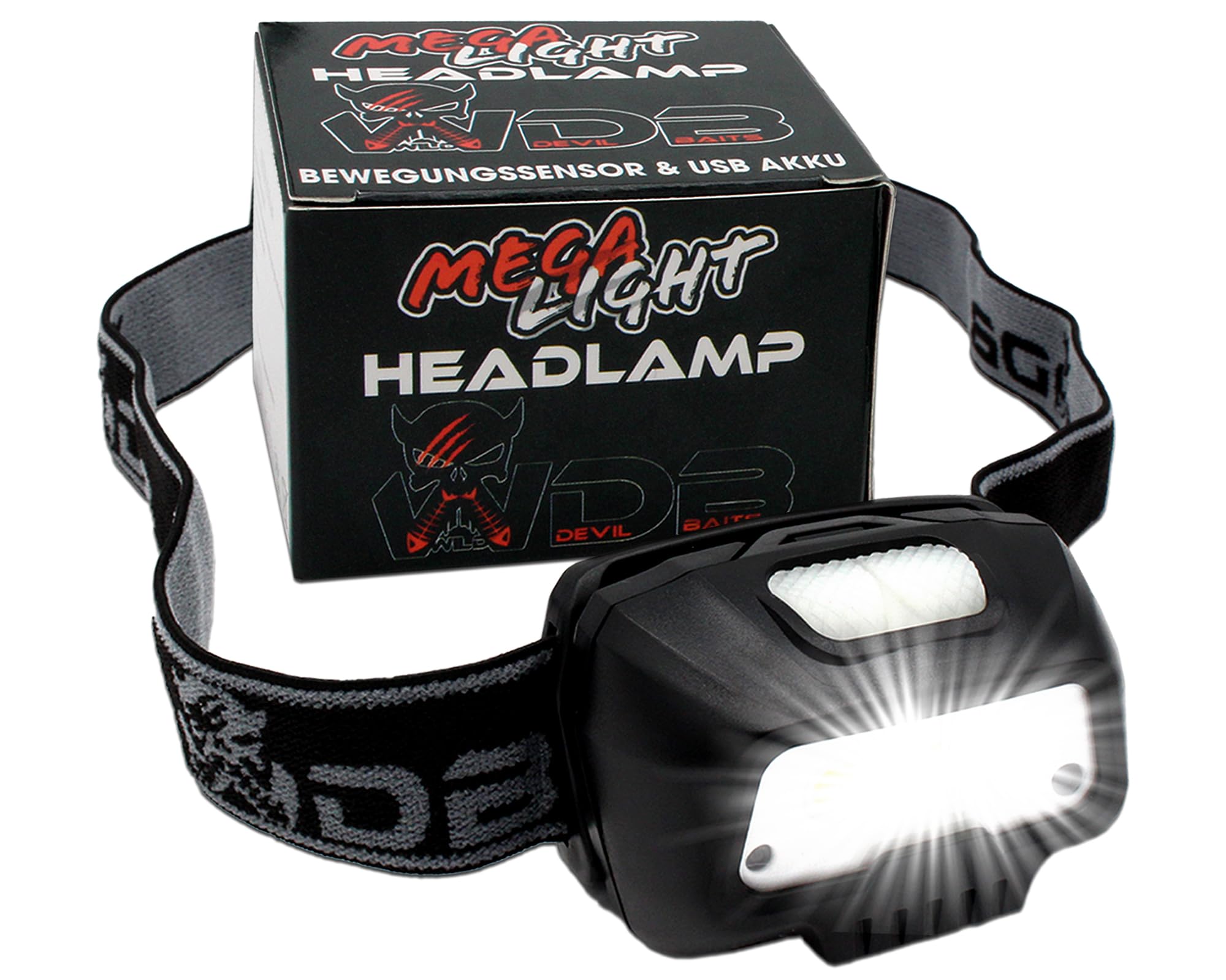 Angel-Berger Wild Devil Baits Mega Light Head Lamp - Linterna frontal con sensor de movimiento, USB, sensor de batería, LED