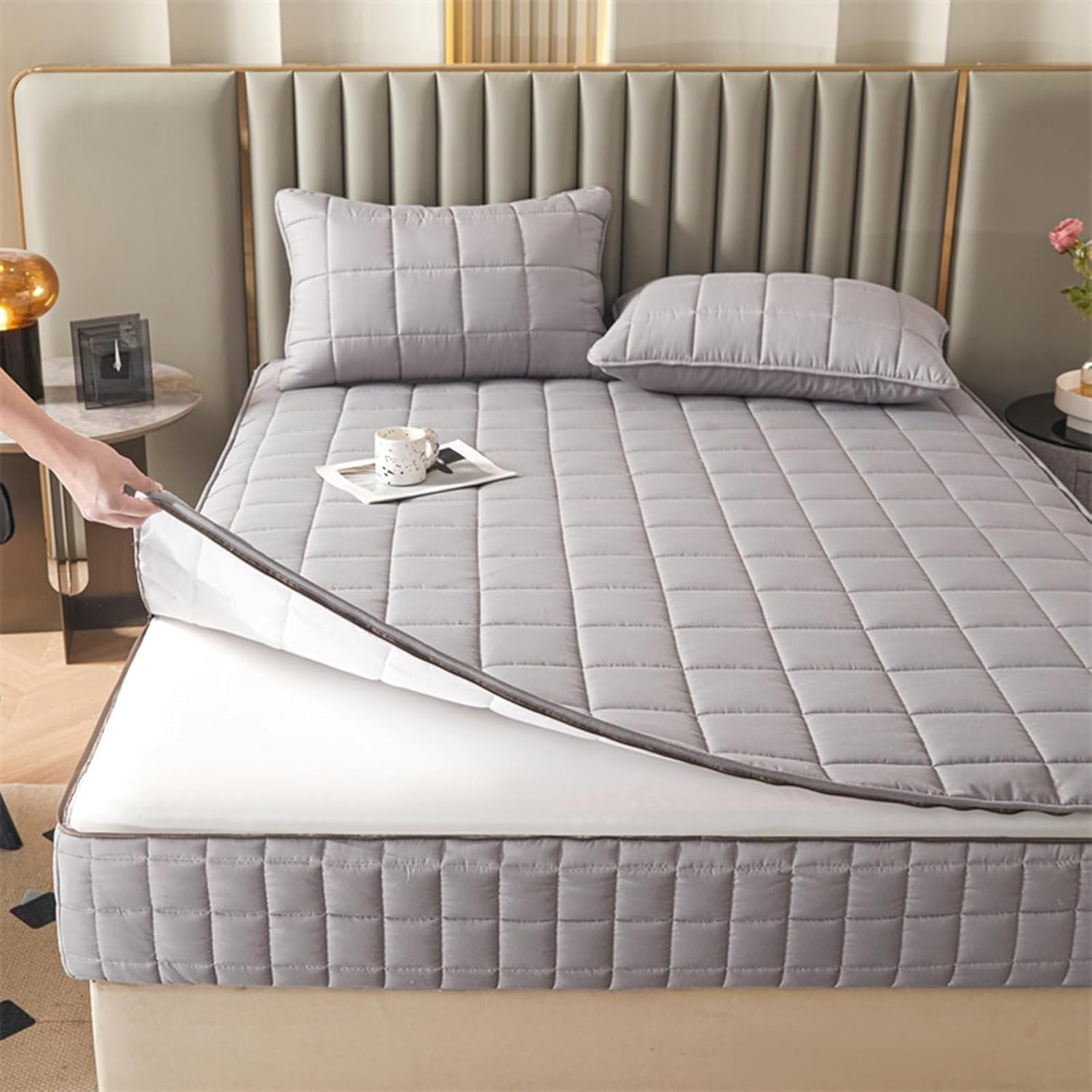 Cubre Colchon 6 Lados 150x200 135 150x190 180x200 160x200 con Cremallera Funda Colchón 150 135 90 Transpirable Protector de Colchón Acolchado(Gray,140x200+20cm)