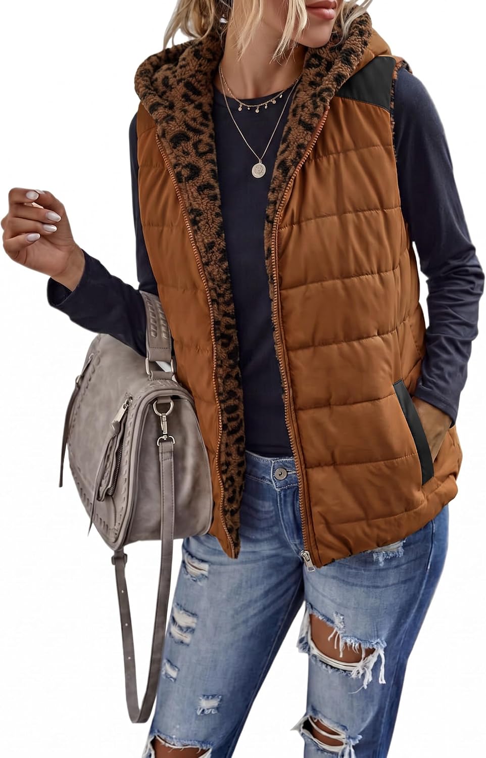 Womens Sherpa Fleece Full Zip Reversible Vest Warm Color Block Hoodie Outwear with Pocket image 3
