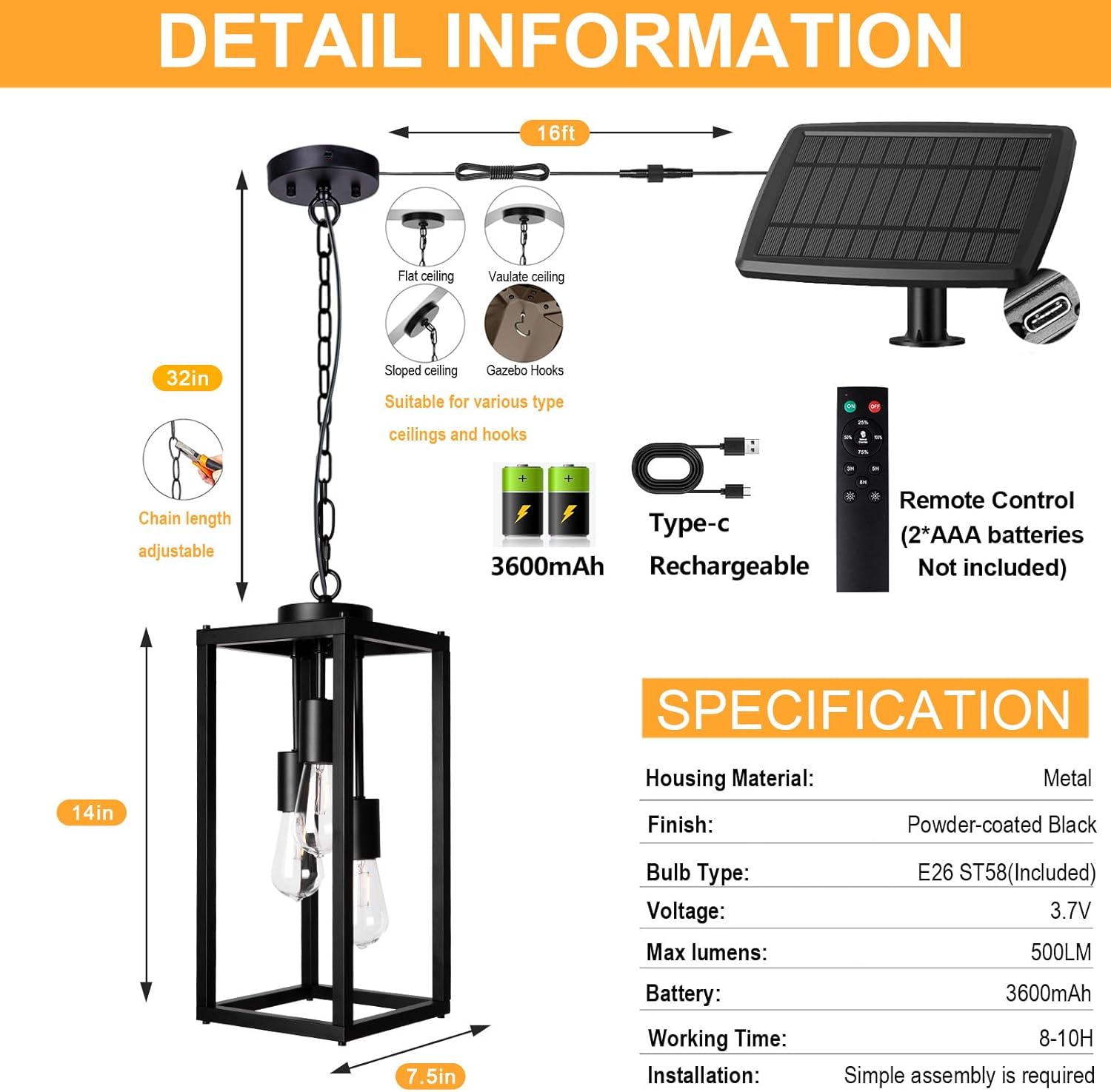 Solar Chandelier Outdoor, 3-Light 14" Rustic Farmhouse Waterproof Dimmable Hanging Pendant Lights for Gazebo, Pergola, Canopy, Porch, Patio Decor