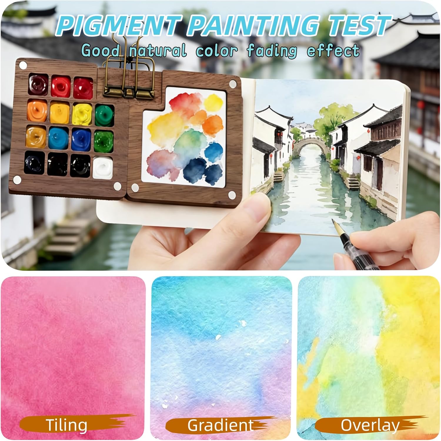 Watercolor Paint Set, Mini Watercolor Travel Set with 24 Colors, Portable Wooden Foldable Paint Palette with Brush, Sketchbook & Clip for Adults, Beginners, Students - Image 7