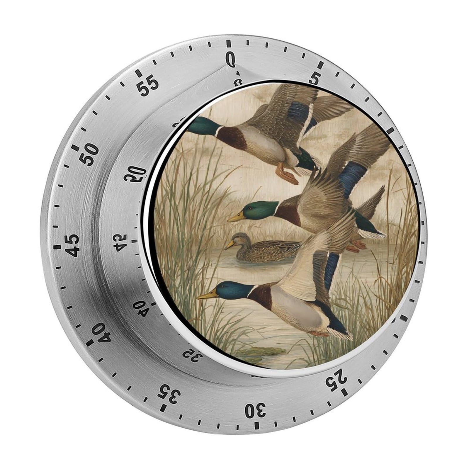 Duck Hunting Mallards Flying Reeds Mechanical Timer with Alarm for Kitchen Cooking Productivity Stainless Steel Timers