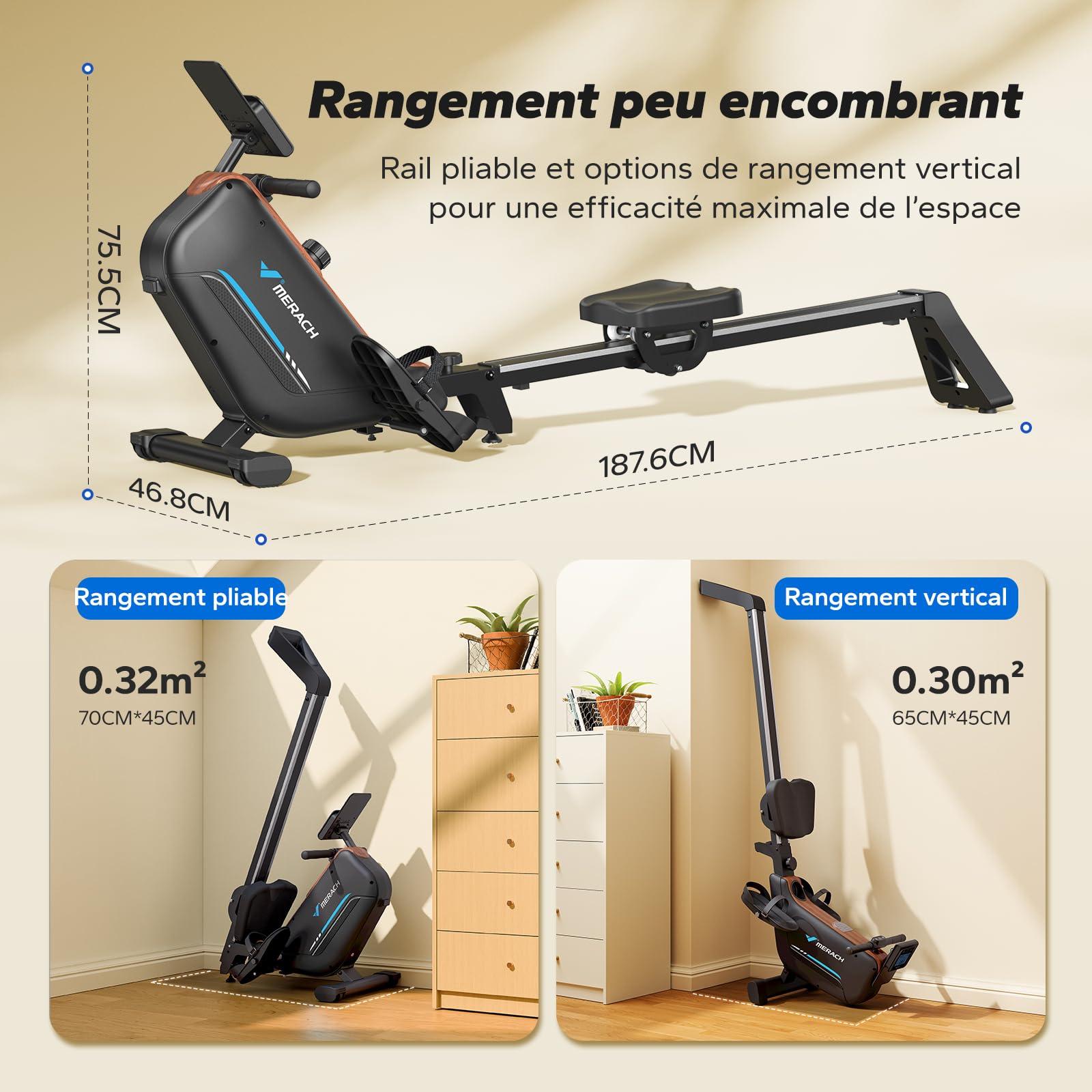 MERACH Rameur d'appartement, Rameur Magnétique Silencieux, Rails Améliorés et Allongés de 130 cm pour Une Plus Grande liberté de Mouvement, équipé d'une Application Exclusive