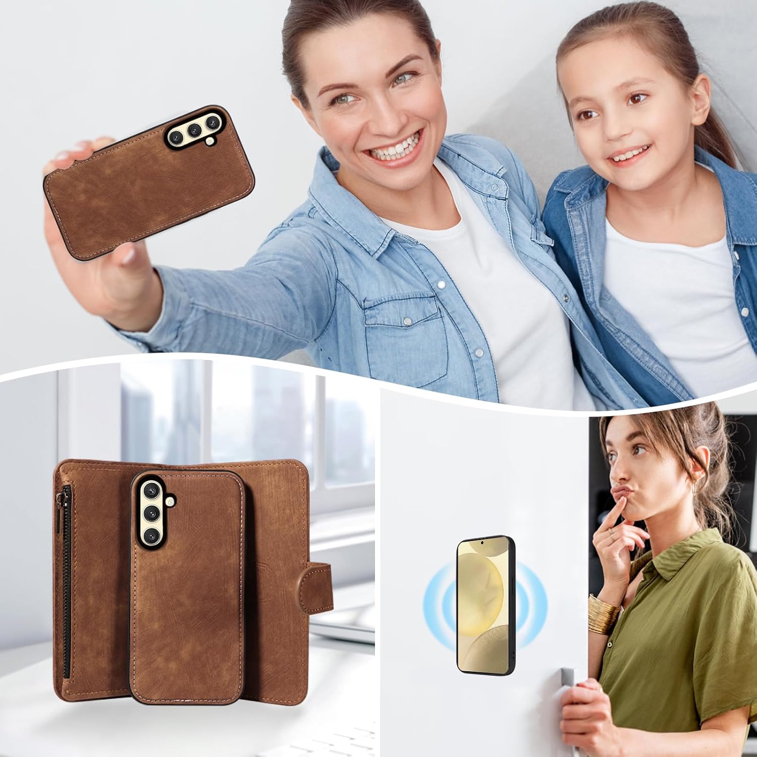 Phone Case for Samsung Galaxy S24/S25 5G Zipper Wallet Detachable Magnetic Cover with Tempered Glass Screen Protector Crossbody Lanyard Strap Flip Card Holder Slot S 24 24S 25 25S G5 Women Girls Brown