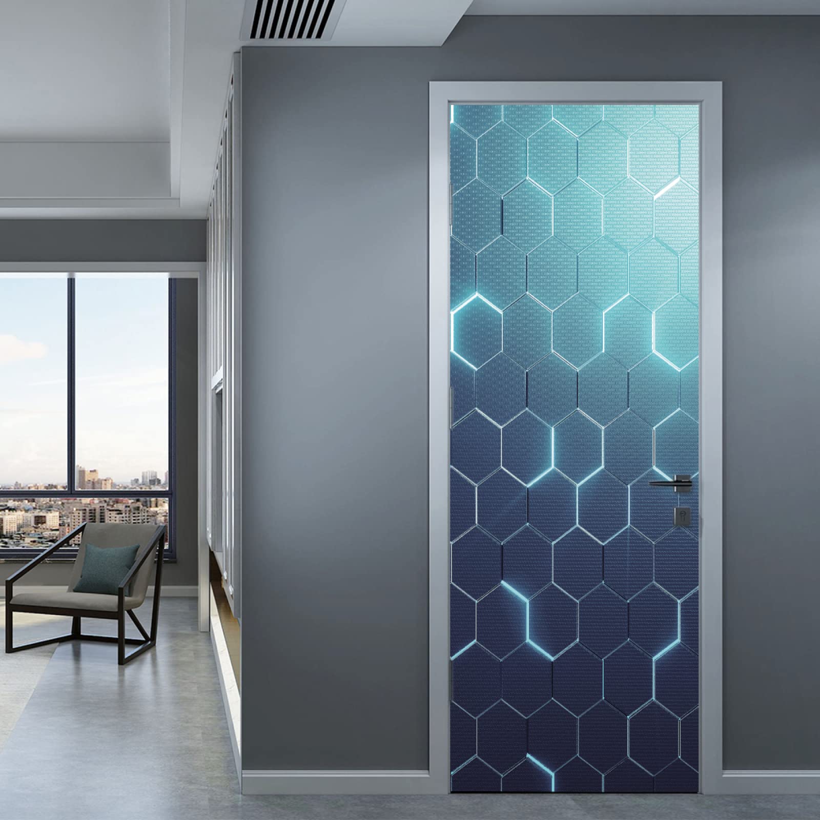 Autocollant porte effet trompe-l'œil bleu grand format 95 x 215 cm pour chambre