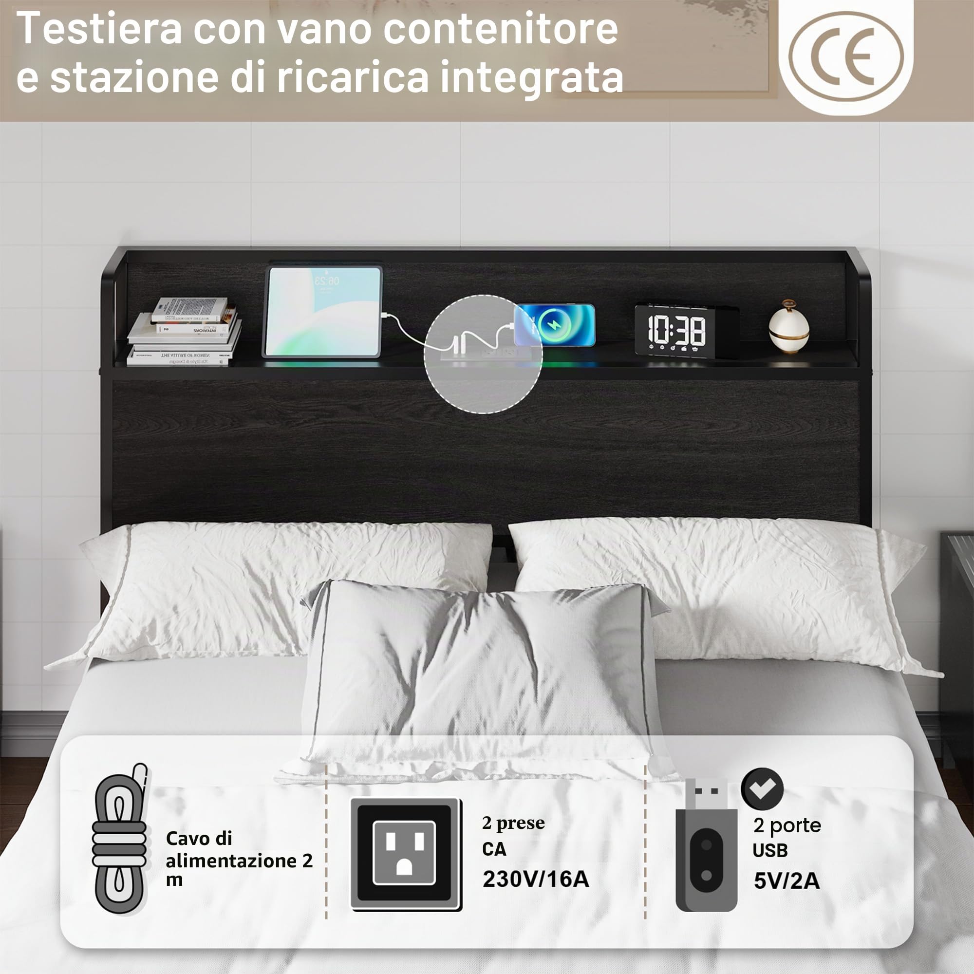 LUXOAK Letto Contenitore con Sollevamento 140 x 200 cm, Spazio Contenitore e Stazione di Ricarica, Nessun Box Spring Necessario, Silenzioso, Nero, Senza materasso