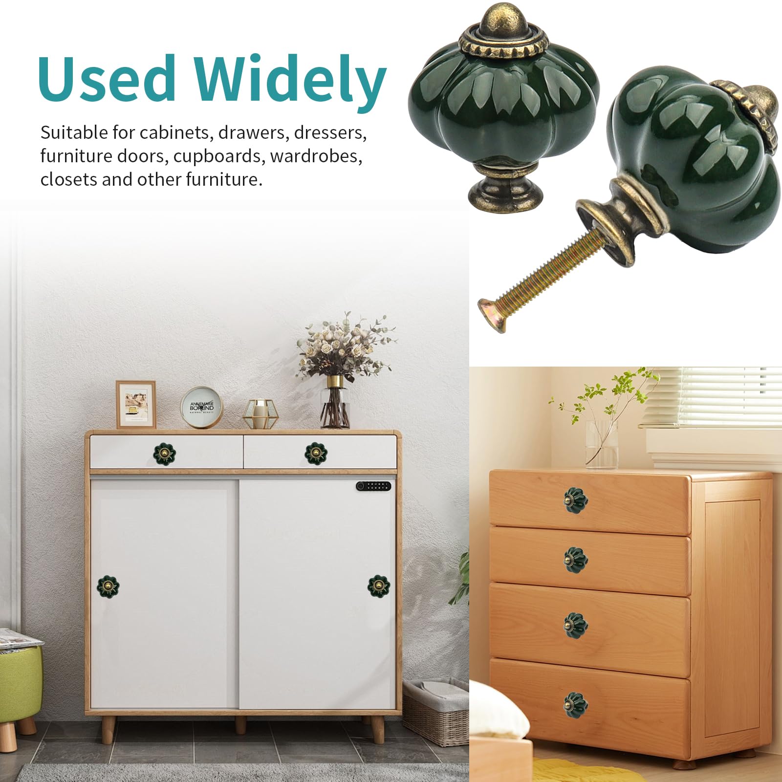 Roellgs 12 Pack Ceramic Door Knobs, Pumpkin Ceramic Knobs Vintage Cupboard Knobs with Mounting Screws, Antique Wardrobe Pull Handles Kitchen Cabinet Knobs for Dresser (Green) - Image 3