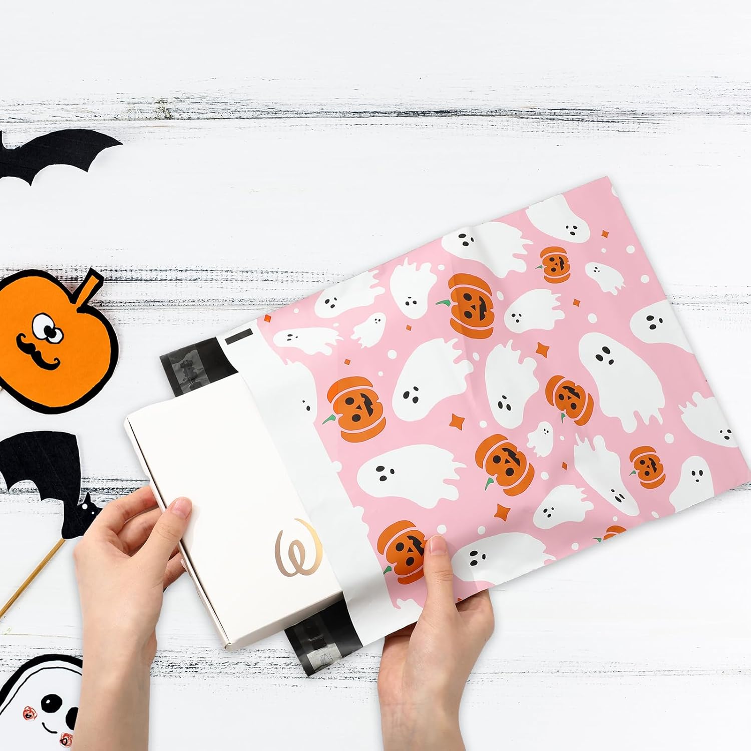 JarThenaAMCS 100Pcs Halloween Poly Mailers 14.5 x 19 Inch Pink Ghost Pumpkin Packaging Bags Large Self Seal Mailing Envelope Bags for Small Business Clothing Gift