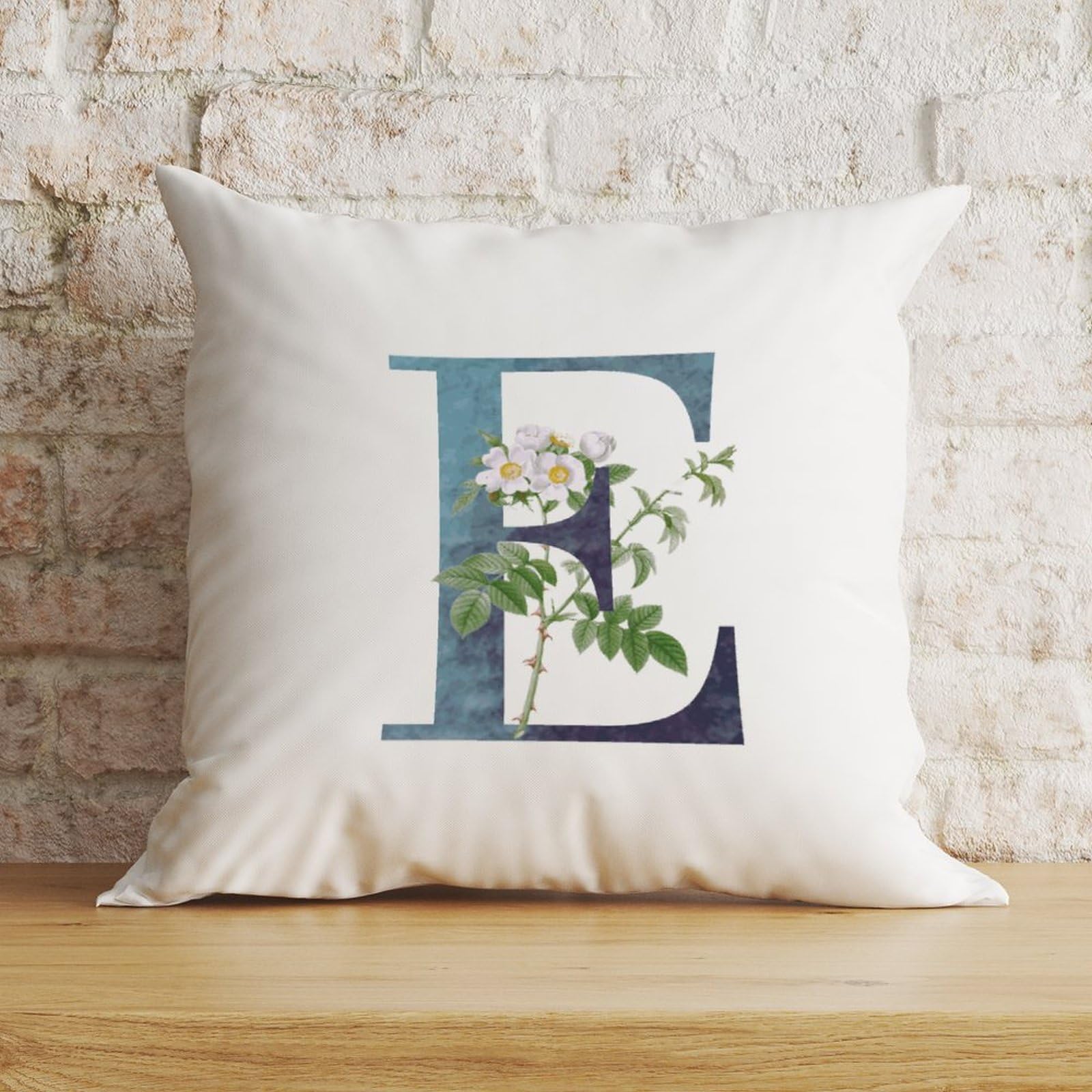 Zyadsinoudor Throw Pillowcase Monogram Initial E Blue Pillow Case Alphabet White Floral Decorative Pillow Home Cotton Linen Last Name 18x18in Modern Accent Pillowcase For Bedroom Living Room Couch Bed