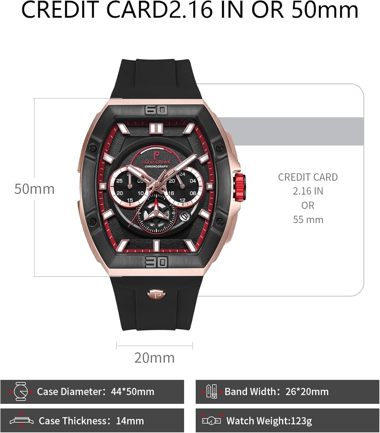 Paras Crown Watches for Men Tonneau 5ATM Waterproof Quartz Luxury Chronograph Analog Men's Wrist Watches Stainless Steel Case Mens Watches - Image 4