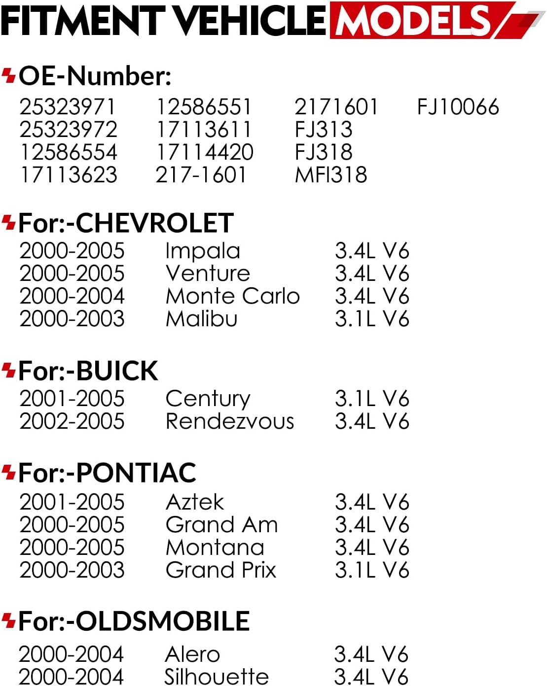 Fuel Injectors 3.4L Fit for:-Chevy Impala 2000-2005 Malibu Monte Carlo Venture Lumina for:-Buick Century Rendezvous for:-Pontiac Aztek, 2000-2005, 3.1L, Set of 6, OE# 25323971