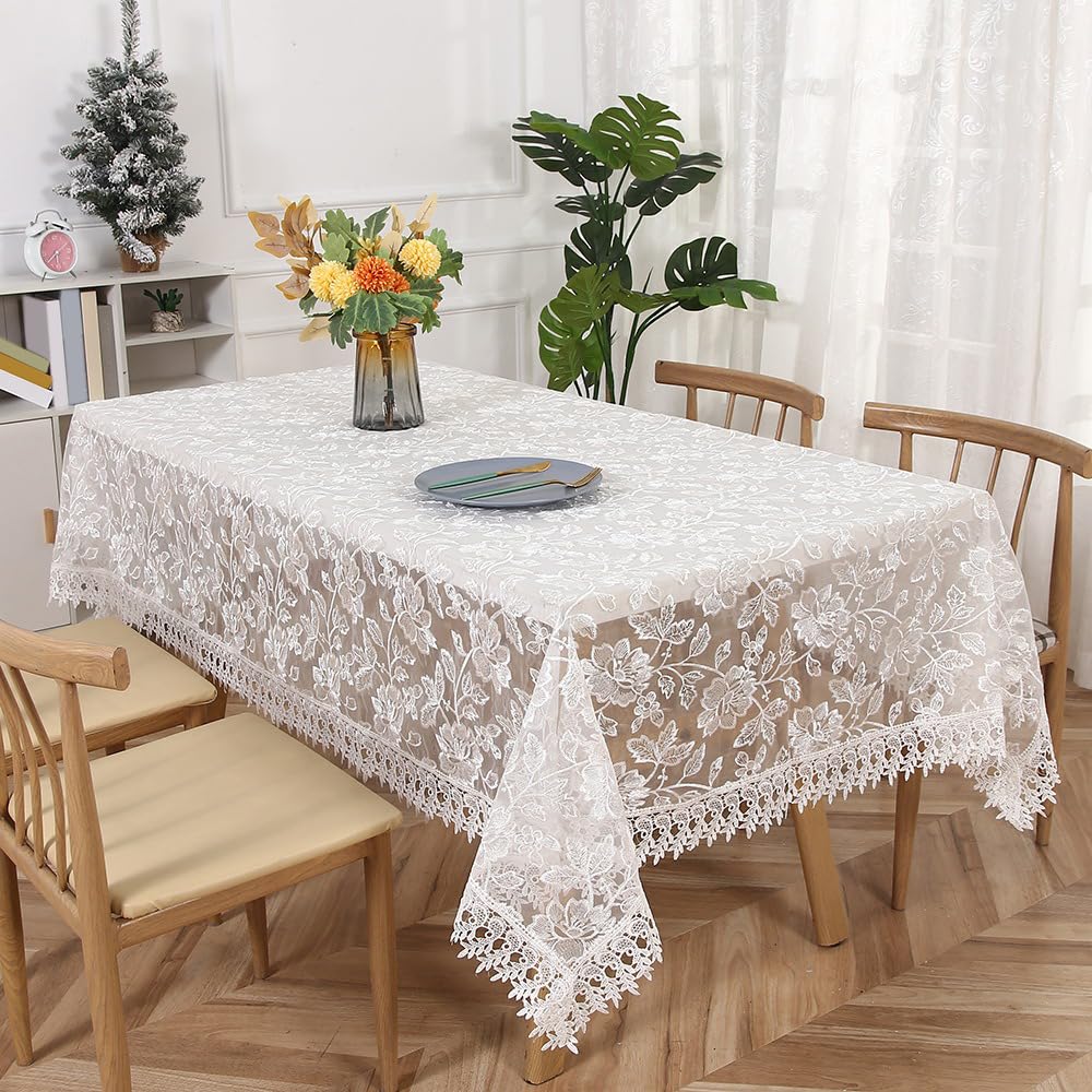 Quadratische Spitzentischdecke,Dekorative Tischauflage,150 x 220 cm | VintageTischdecke für Hochzeit Esstisch,Küche,Esszimmer,Couchtisch,Beistelltisch,Kommode,Tischdekoration,Weiß