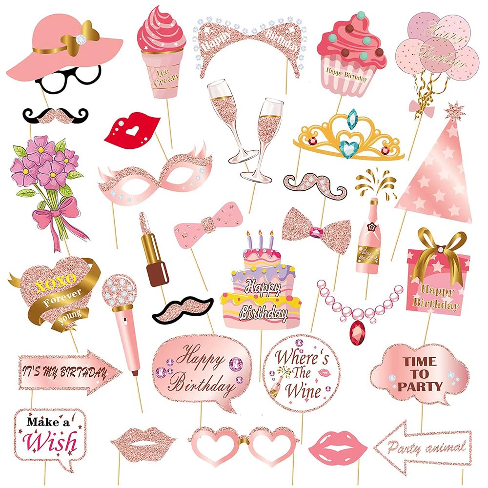 Hsc Rose Gold Photo Booth Props - 33 Pieces Metallic Birthday Party Decorations Set With Selfie Frames & Fun Props For Adults & Kids