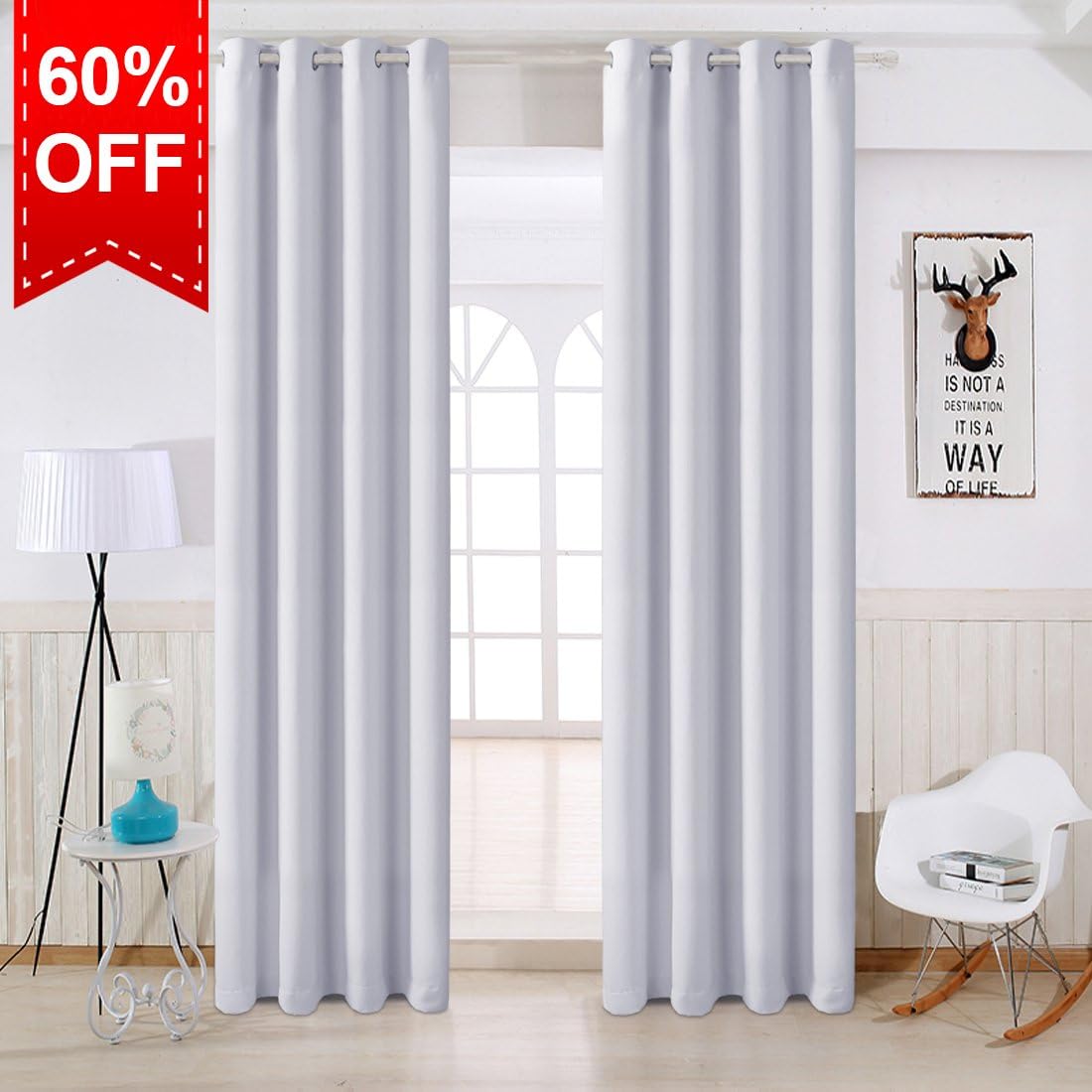 TEKAMON Blackout Curtains 2 Panels Set Room Darkening Thermal Insulated Window Drapes Grommet Top Pair for Bedroom (52" X 95"(2 Panels), Greyish White-1)