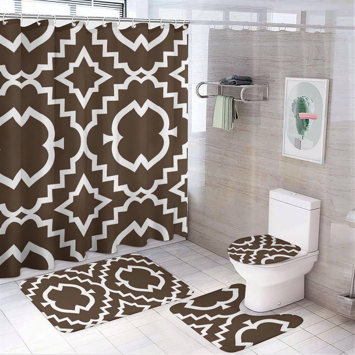Bathroom Mat Set, Floral Pattern Printed on Bathroom Curtain Sets with Rugs, Ideal for Apartment RV College Dorm