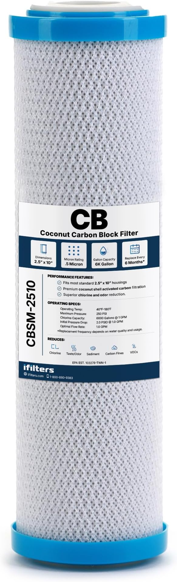 iFilters 0.5 Micron 2.5 x 10 Carbon Block Under Sink Water Filter | 0.5 Micron Water Filter