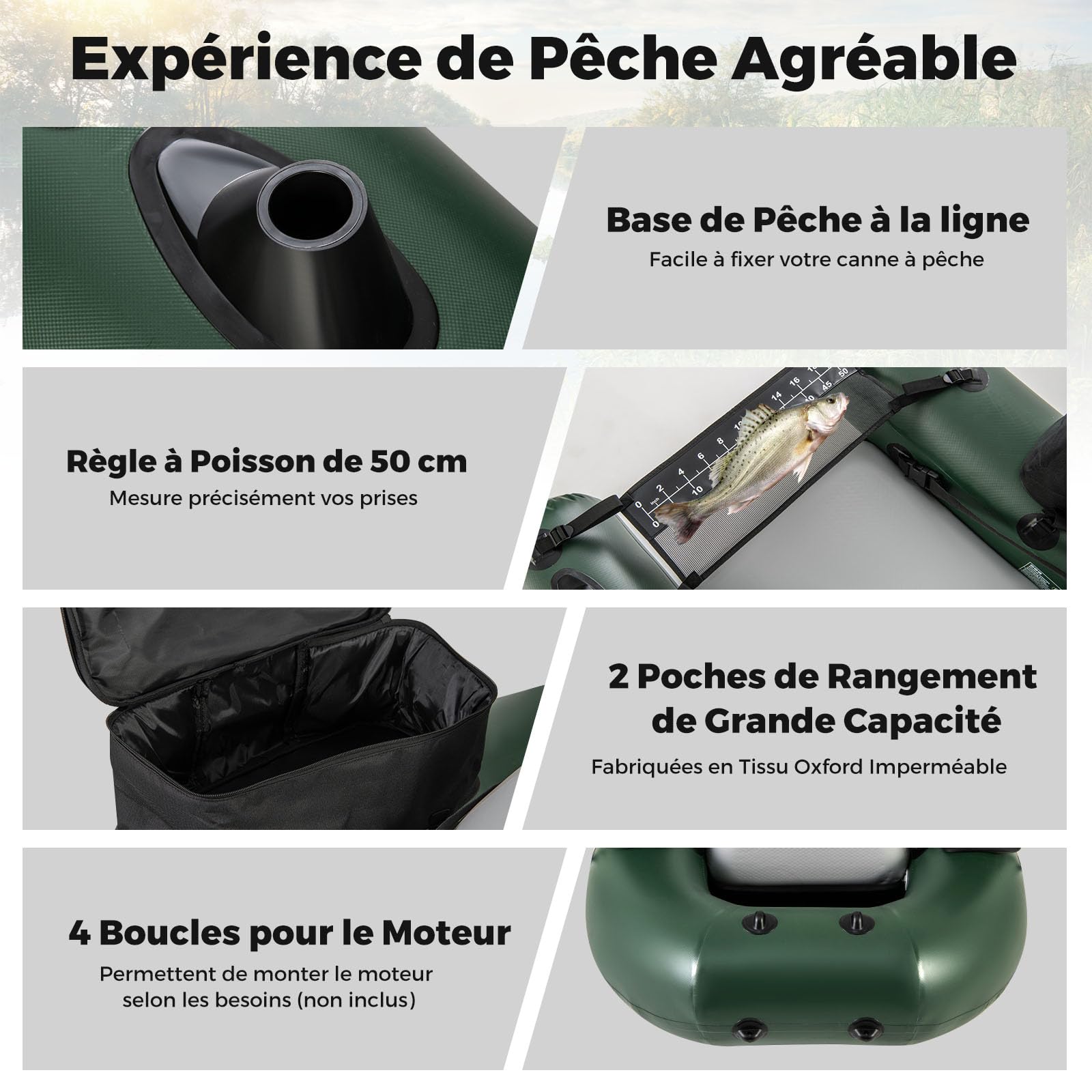 COSTWAY Bateau de Pêche Gonflable avec 3 Chambres à Air, Bateau Gonflable avec Règle à Poisson 2 Poches de Rangement Pompe Sac de Transport Boucles de Moteur, Charge 100 KG, Camouflage