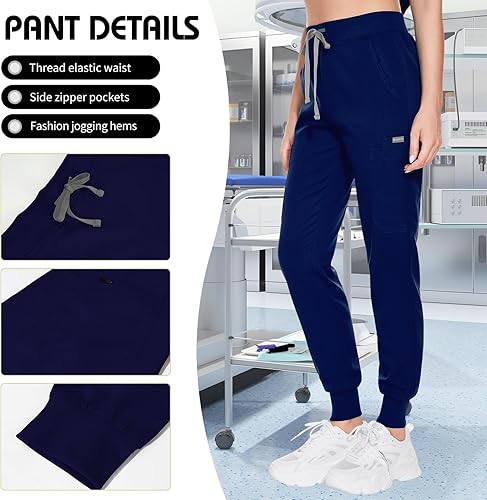 Miniatura 3 de VIAOLI Conjunto de uniforme médico para mujer con cuello en V y pantalón deportivo y 8 bolsillos para enfermería y trabajo clínico