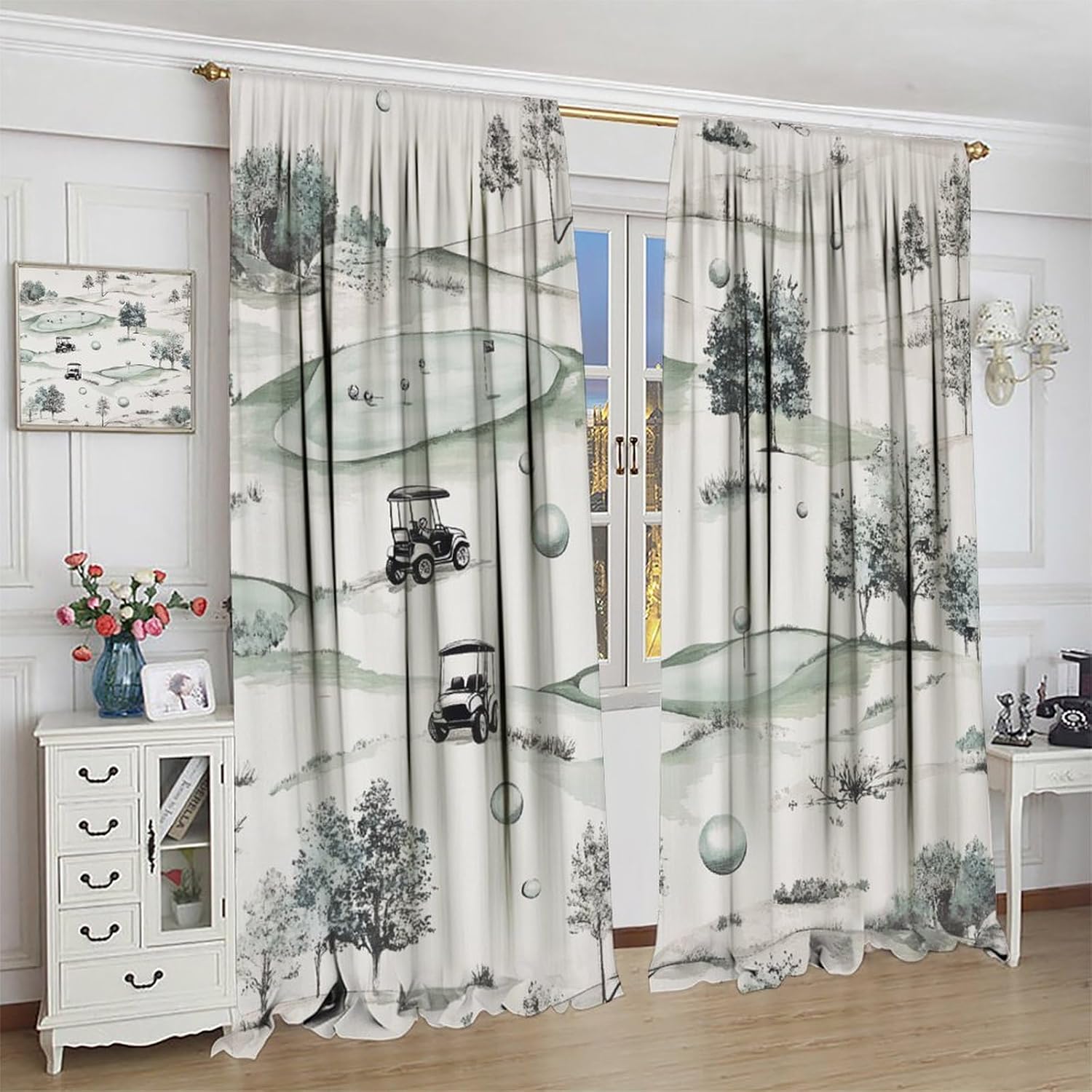Golf Course Watercolor Blackout Curtains, Meadow Sport Trees Curtains Rod Pocket Thermal Insulated Window Drapes for Bedroom/Living Room, 21W x 45L, 2 Panels