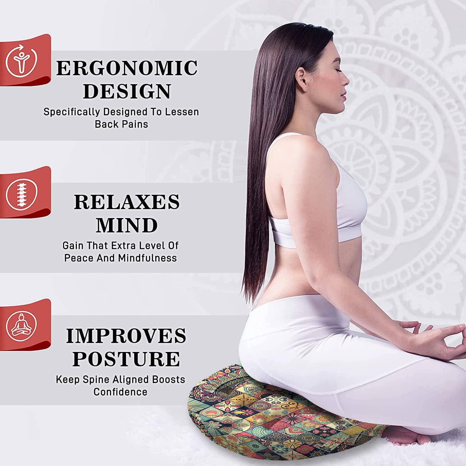 Mandala Meditation Cushion, Boho Meditation Mat, Meditation Pillows for Sitting on Floor, Cushions for Sitting in Home and Outdoor, Round Floor Pillows Cushion Seating for Yoga Accessories 22'' X 22'' image 5