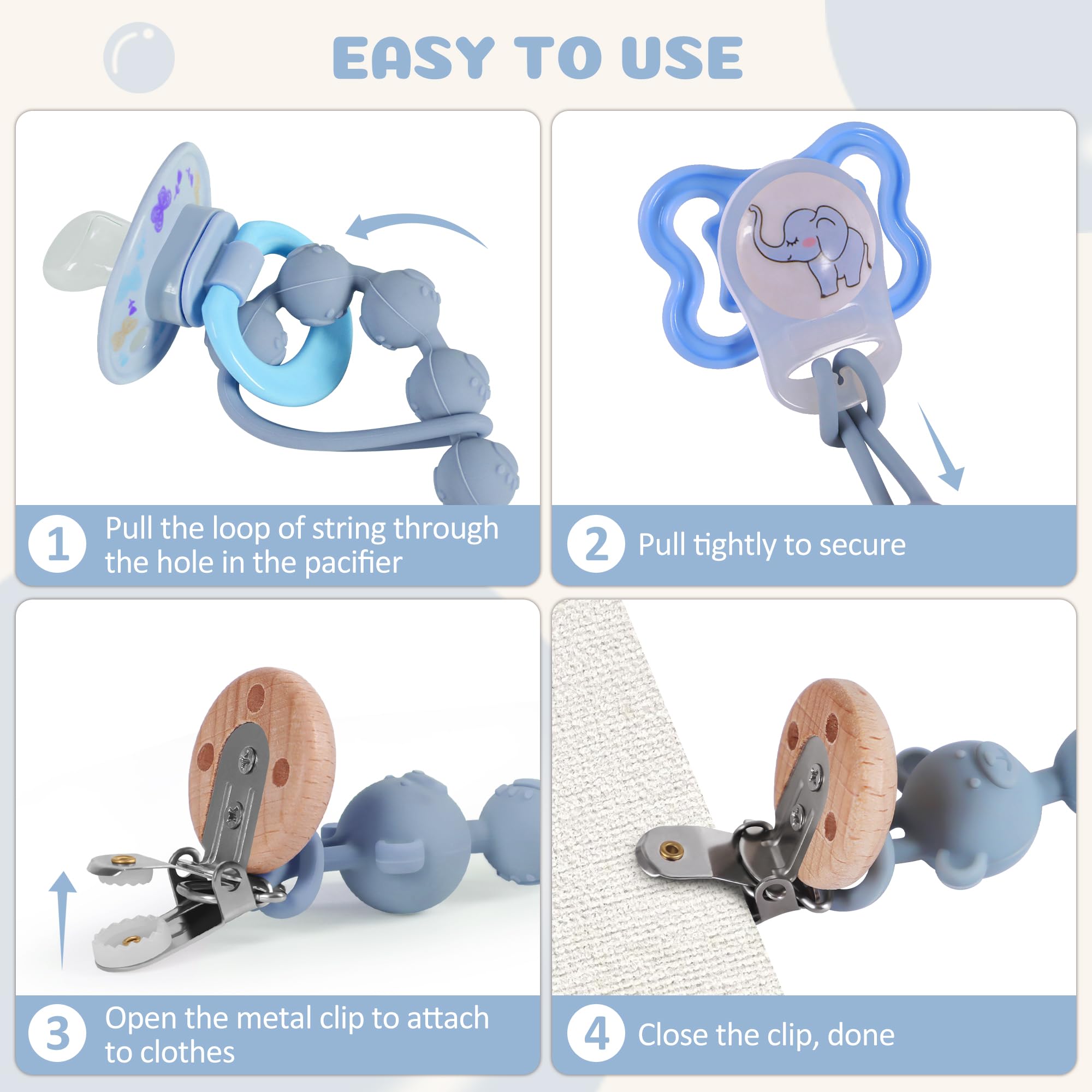 Pack de 3 Attache Tetine Silicone, Attache Sucette avec Une Seule Pièce en Silicone, Accroche Tétine Bebe pour Filles & Garçons, Sans BPA, Élastiques et Robustess (Bleu Sauge Gris Clair)