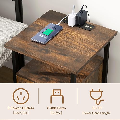 Miniatura 7 de LOKO Mesita de noche con estación de carga, mesa auxiliar industrial estrecha con cajón y estantes de almacenamiento, mesita de noche de 3 niveles