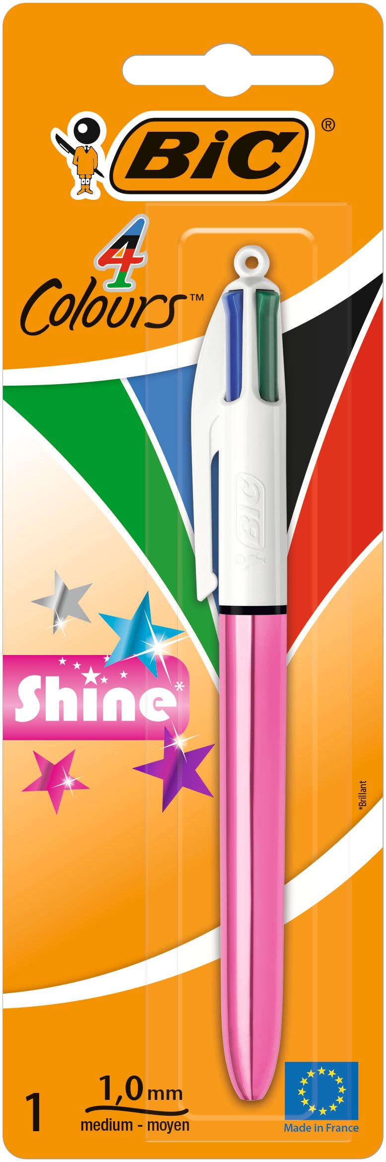 BIC 4 Couleurs Shine Stylo-​Bille Rétractable Pointe Moyenne (1,​0 mm) - Corps Assortis Métallisés (Sans Choix Possible), Blister de 1