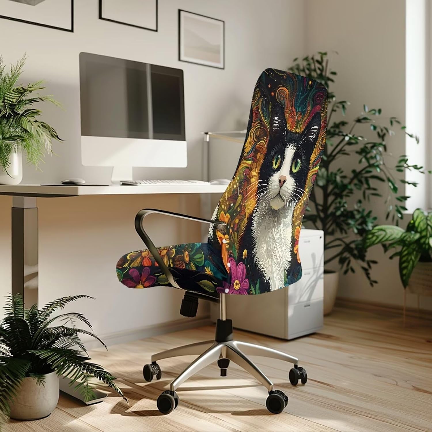 Office Chair Cover, Cat Flower Non Slip Thick Computer Office Chairs Covers Universal Stretch Desk Chair Cover Computer Chairs Slipcovers