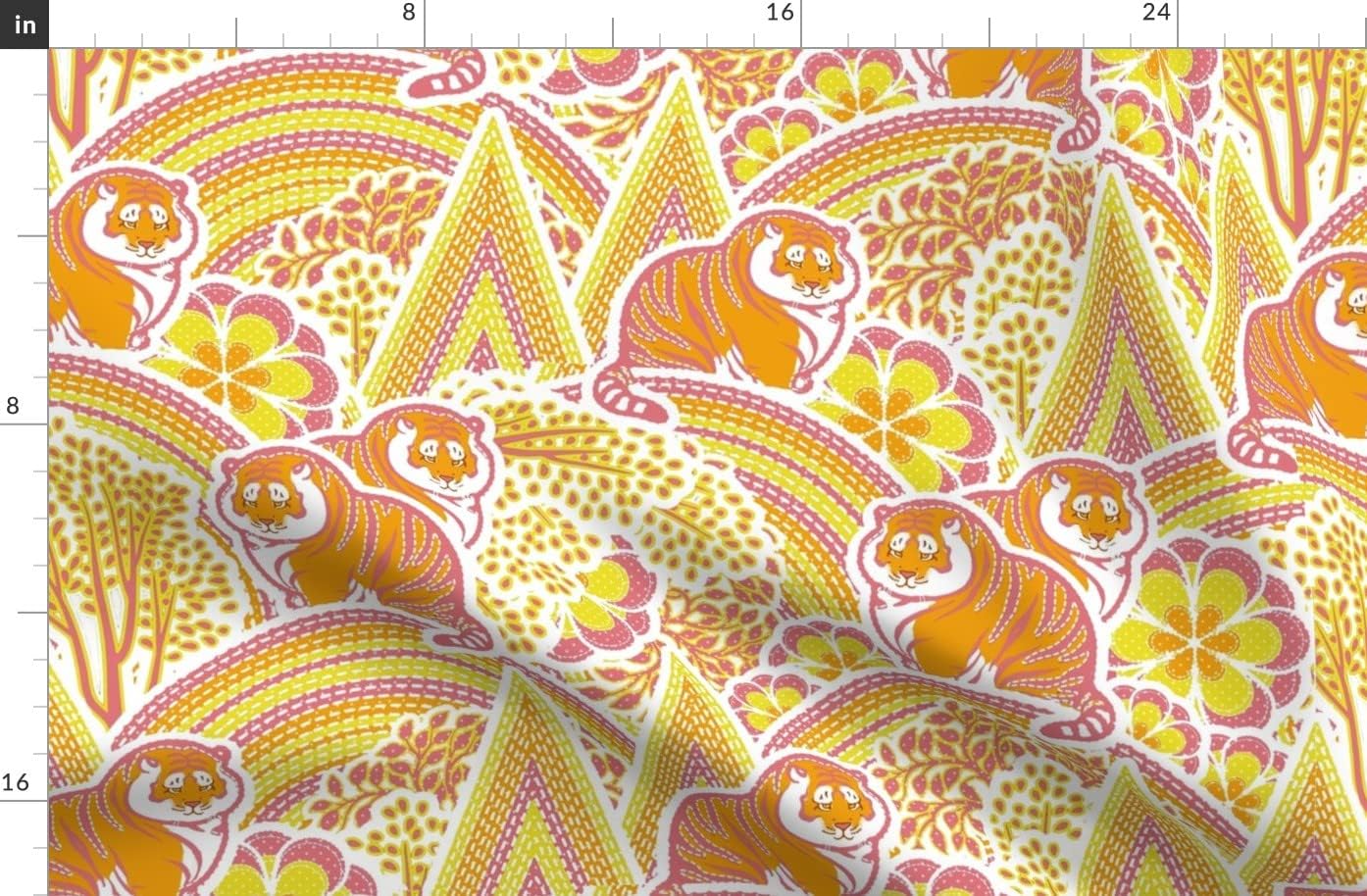 Spoonflower Fabric - Tubby Tigers Flowers Leaves Retro Trees Geometric Abstract Printed on Organic Cotton Sateen Fabric by The Yard - Sewing Quilting Apparel Home Decor