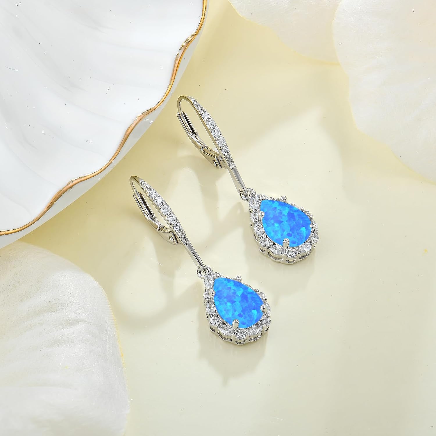 Created Opal Earrings 925 Sterling Silver Leverback Drop Dangle Earrings 5A Cubic Zirconia Jewelry for Women