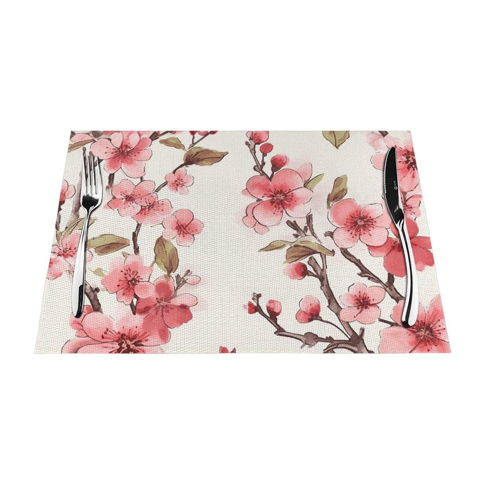Cherry Blossom Placemats Set of 1 - Woven Vinyl Kitchen Table Placemats - Heat Resistant Non-Slip Place Mats for Dining Table, Washable Indoor Outdoor Table Mats 12x18 Inch